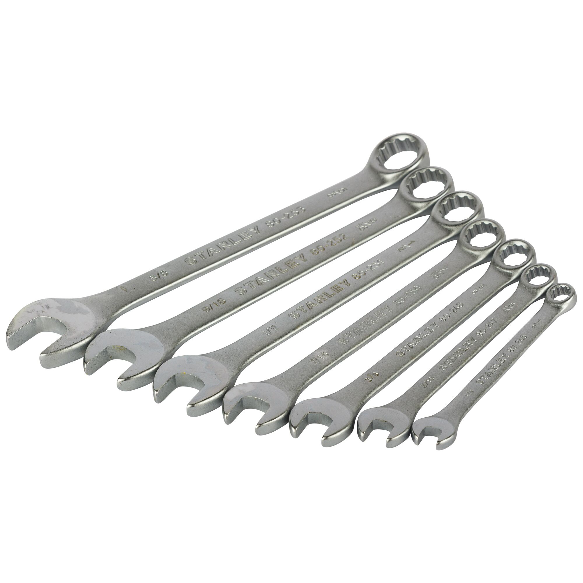 STANLEY STMT78096-8 combination wrench set, seven silver wrenches, assorted sizes, front angle on white background.