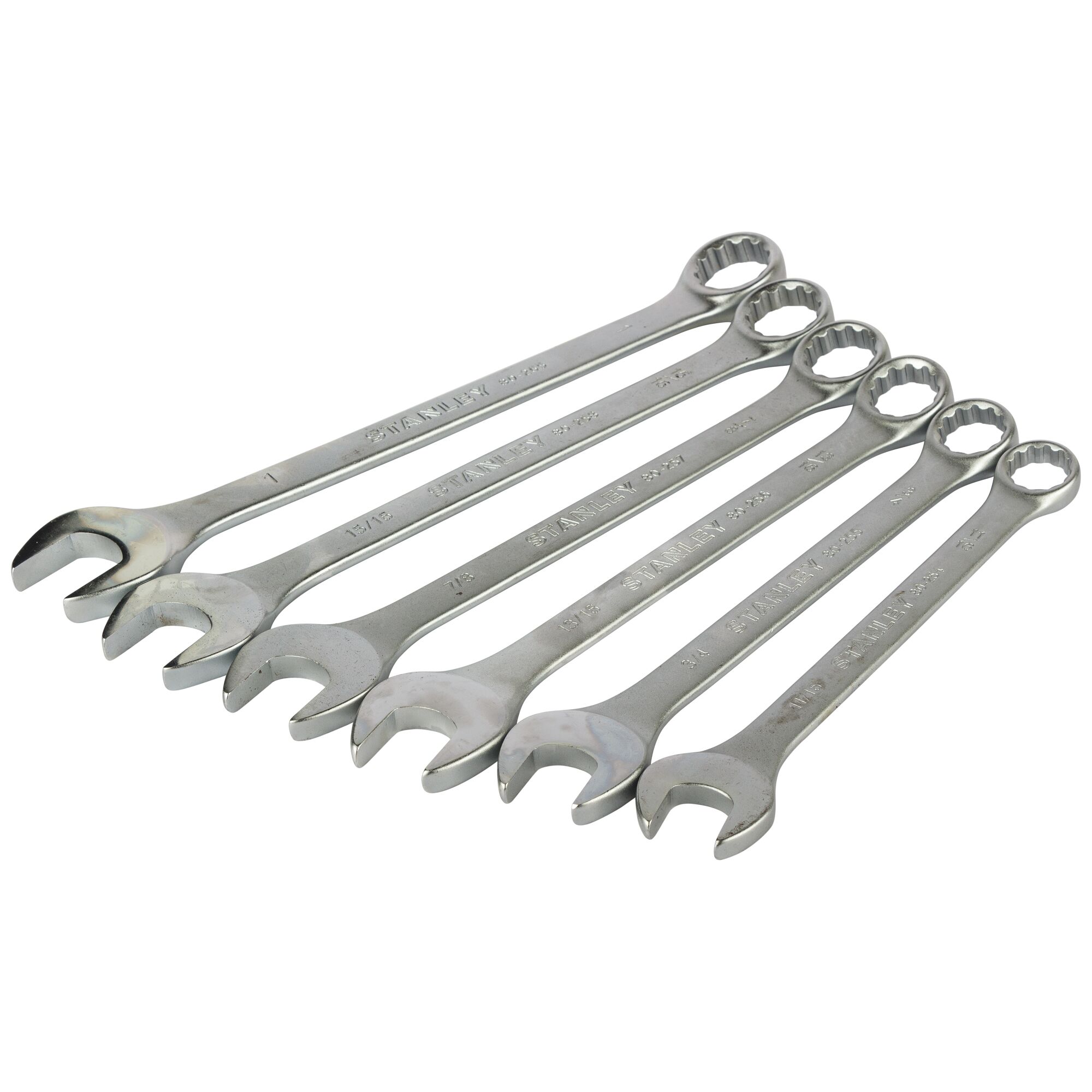 STANLEY STMT78096-8 combination wrench set, six silver wrenches angled, photography on white background.
