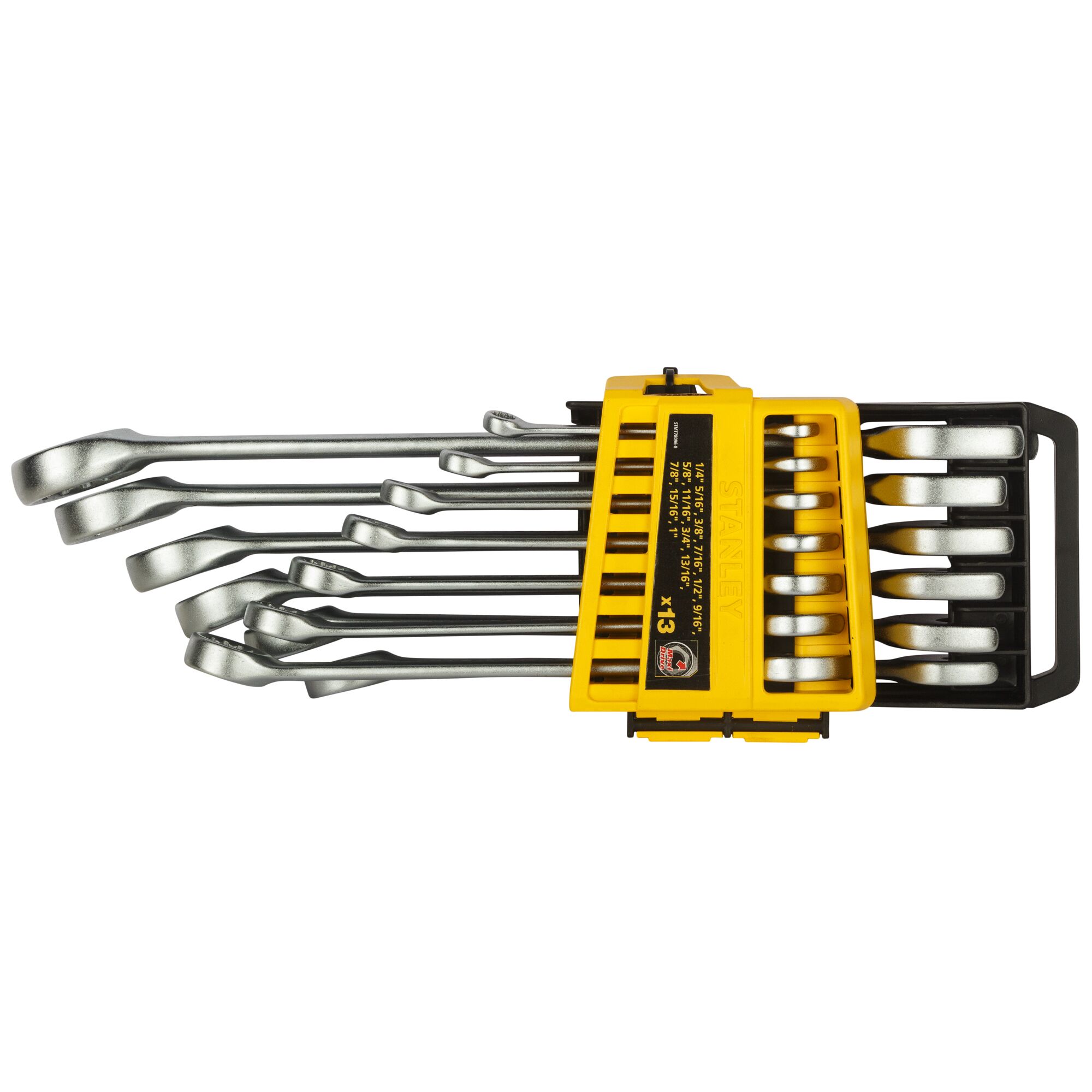 STANLEY STMT78096-8 combination wrench set in yellow holder, top view, showing 8 silver wrenches organized by size.
