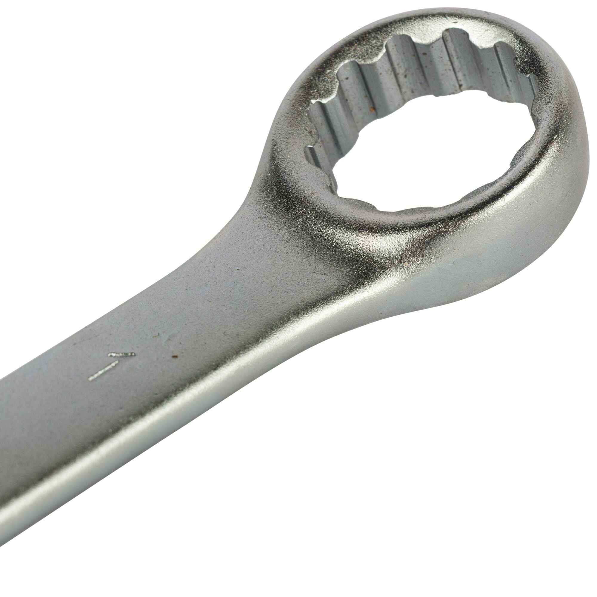 Photo of STANLEY STMT78096-8 box-end wrench, silver, close-up, showing detailed textured finish and twelve-point head.