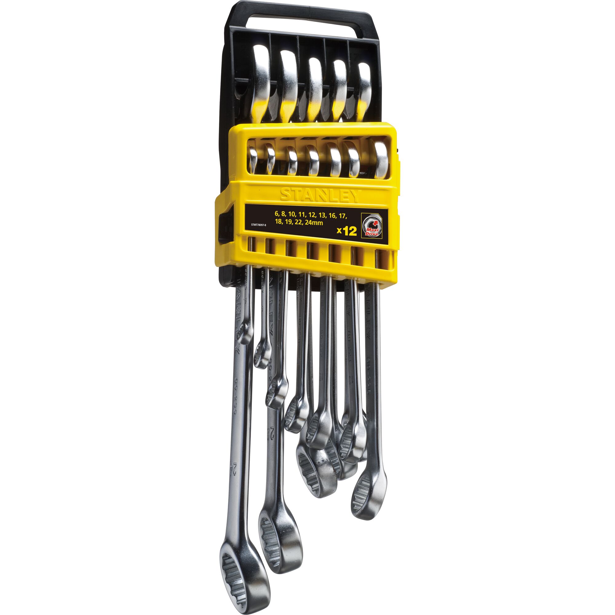 STANLEY STMT78097-8 12-piece combination wrench set in yellow plastic holder, front angle.
