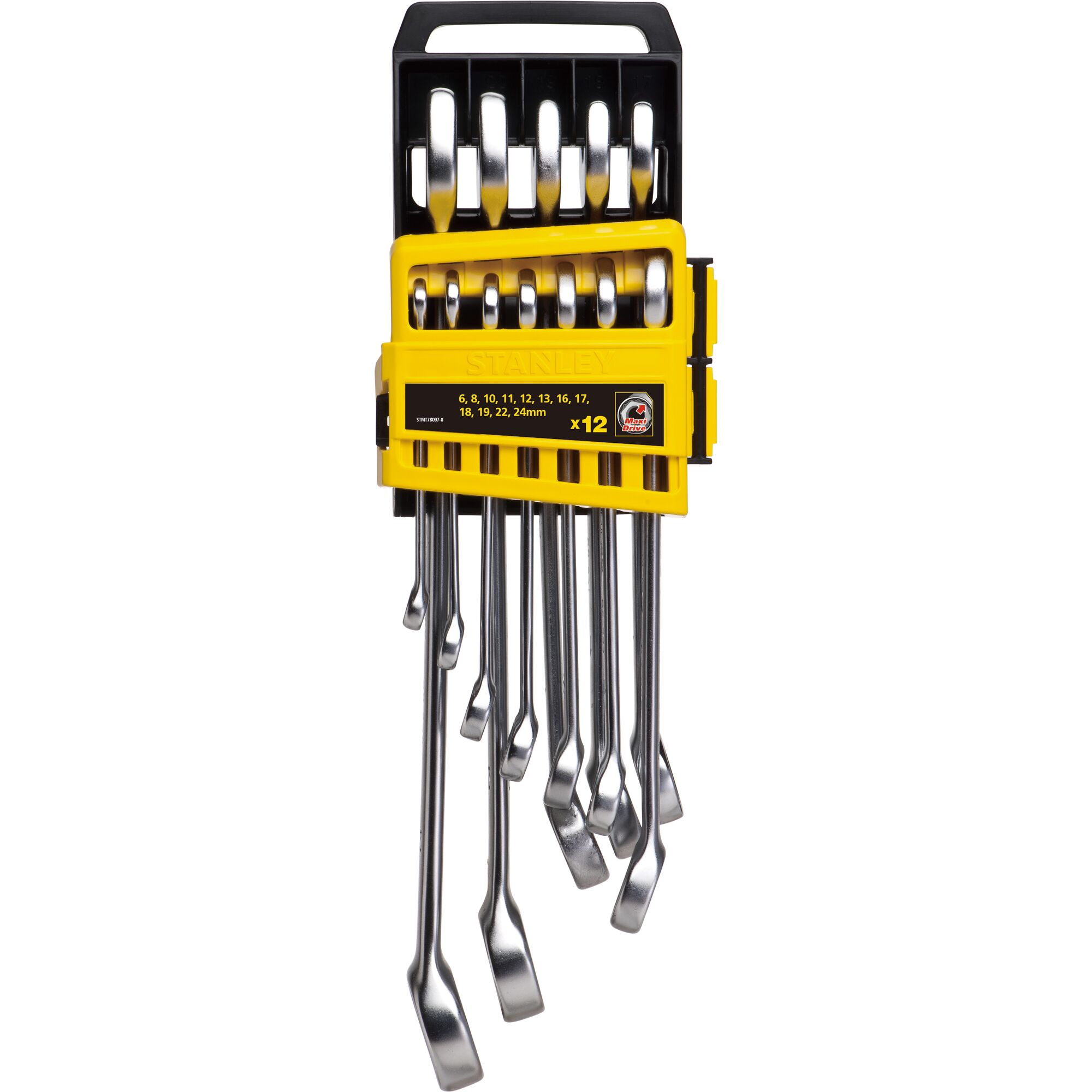 STANLEY STMT78097-8 combination spanner set, 12-piece, silver wrenches in yellow and black plastic holder, front angle.