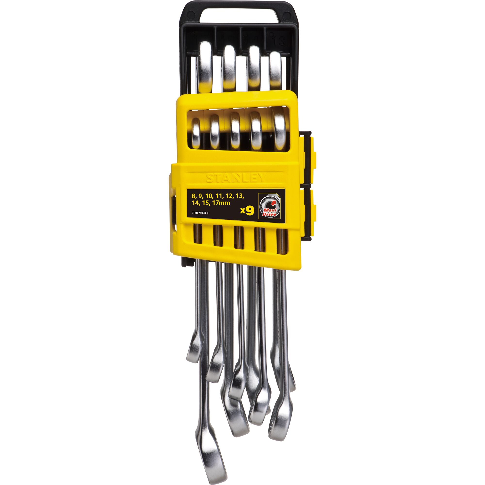 STANLEY STMT78098-8 wrench set in yellow holder, set of 9 combination wrenches, front angle on white background.