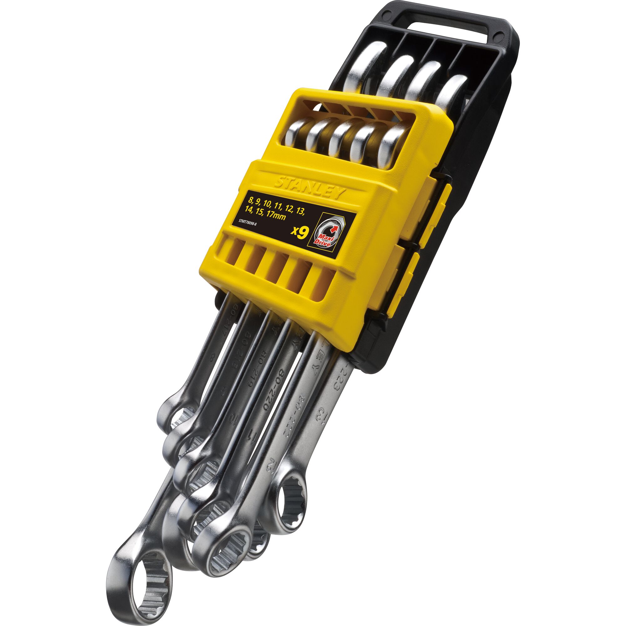 STANLEY STMT78098-8 9-piece combination wrench set with yellow plastic holder, angled front view.