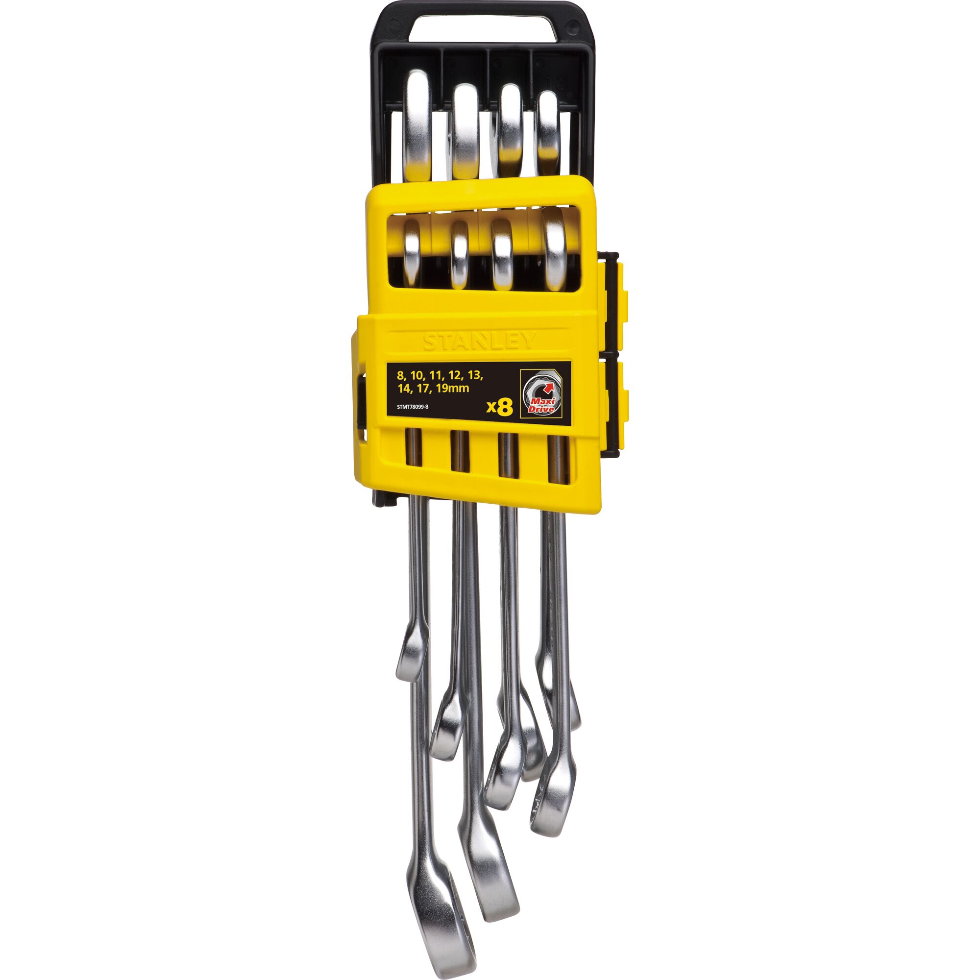 STANLEY STMT78099-8 set of 8 combination wrenches in yellow holder, front angle on white background.