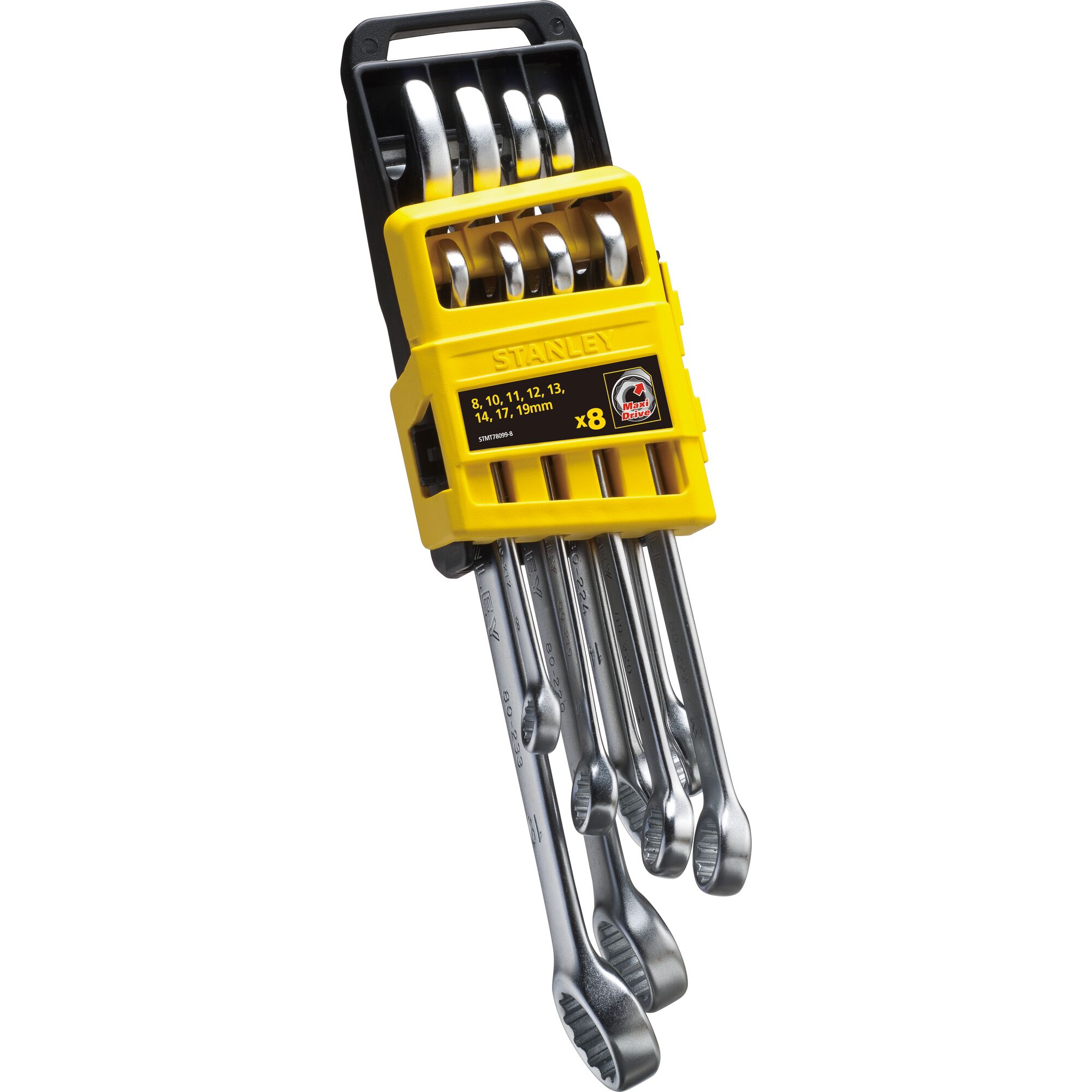 STANLEY STMT78099-8 combination spanner set of 8 in yellow holder, angled front view, chrome finish.