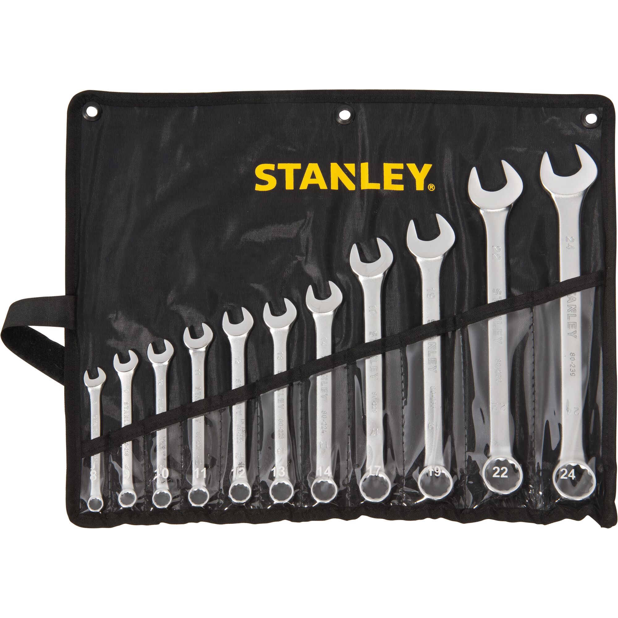 STANLEY STMT80942-8 wrench set in black roll-up pouch, photography showing 12 silver wrenches arranged by size.
