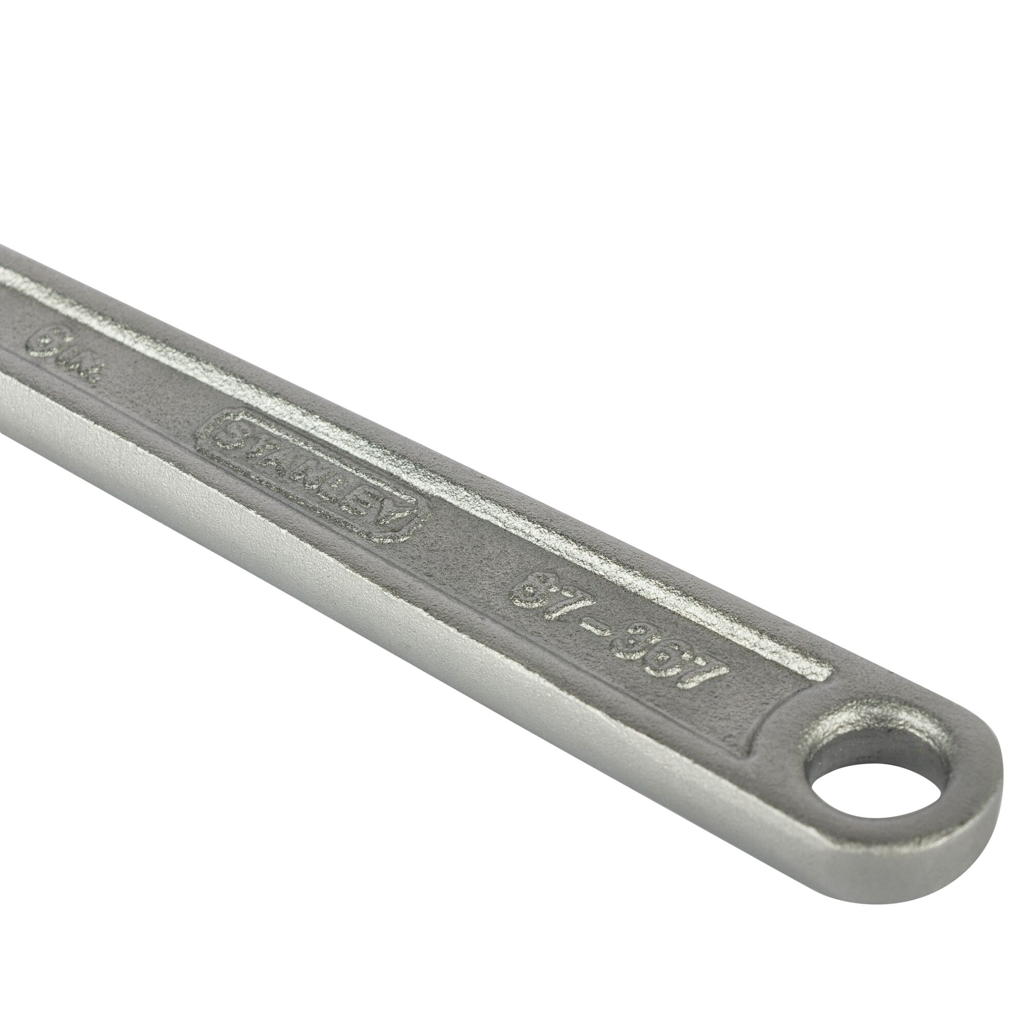 Photo of STANLEY STMT87431-8 spanner handle, silver finish, close-up, with embossed branding and SKU.