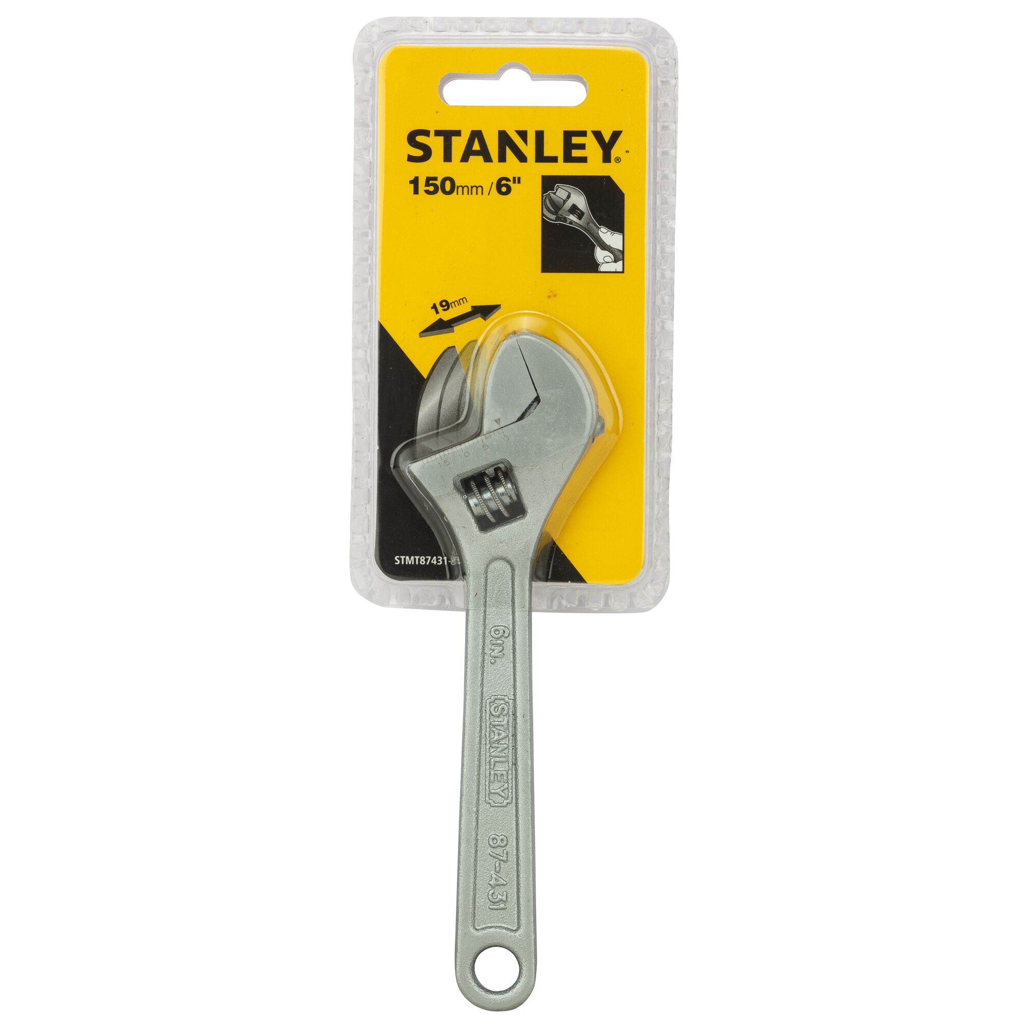 STANLEY STMT87431-8 adjustable wrench 150mm in retail packaging, front angle, silver tool on yellow card.