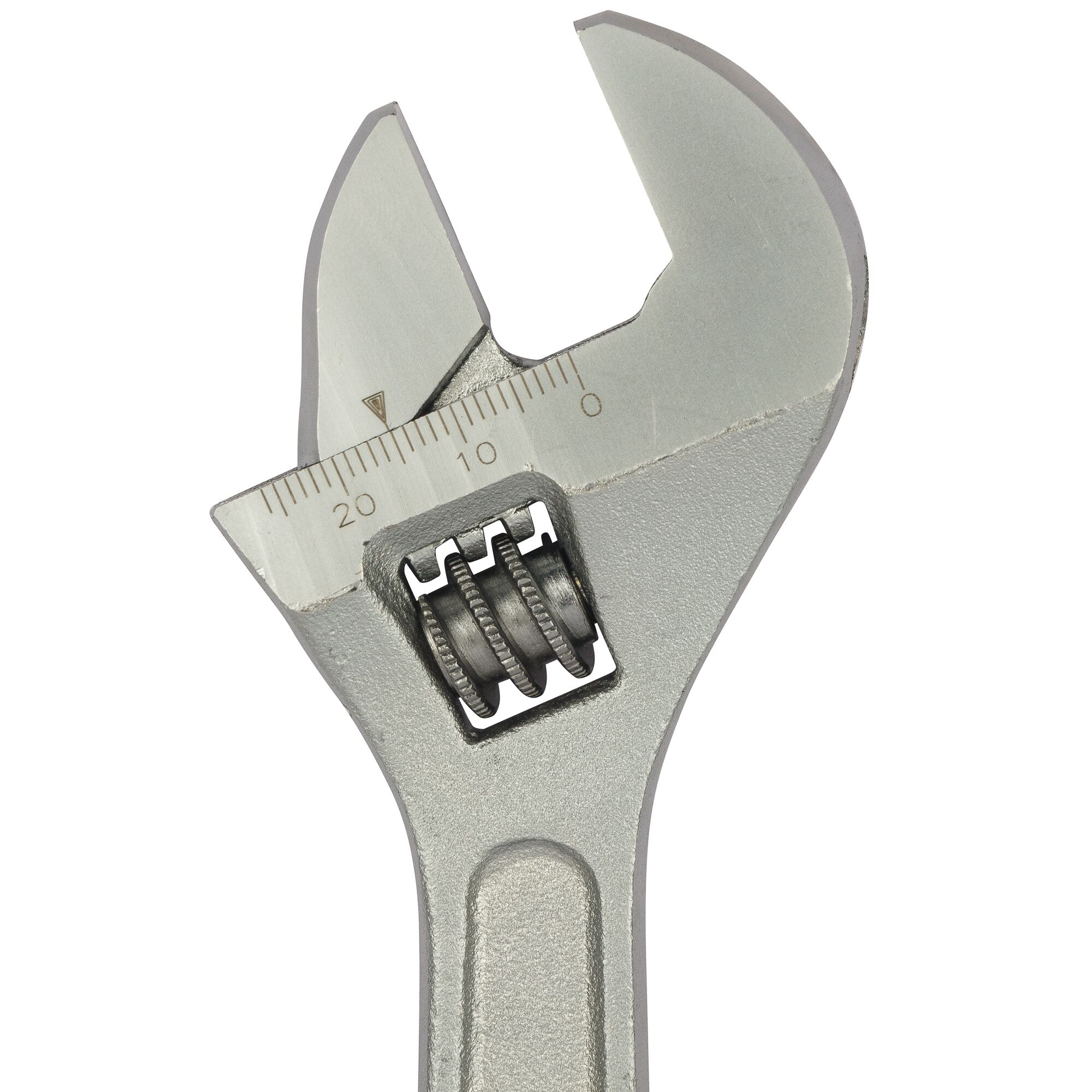 STANLEY STMT87432-8 adjustable wrench close-up, silver finish, visible measurement scale, white background.