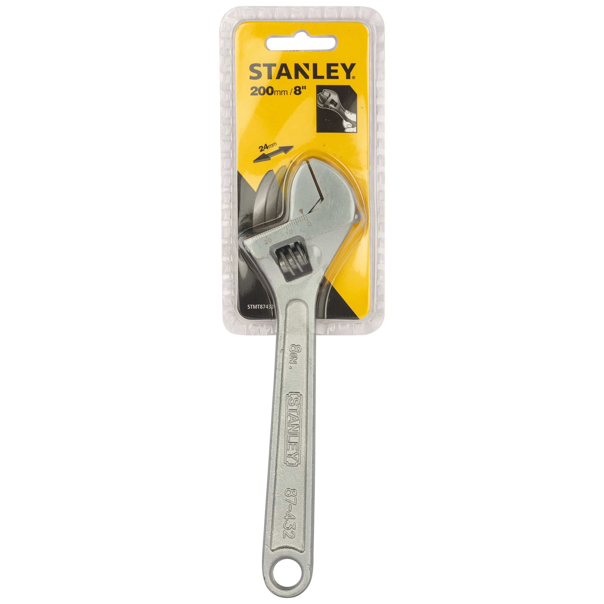 STANLEY STMT87432-8 adjustable wrench, 200mm, silver finish, front view in retail packaging.