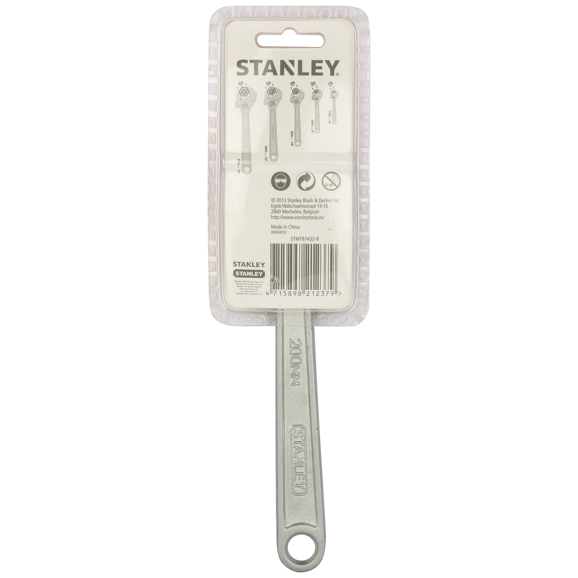 Stanley STMT87432-8 wrench in retail packaging, rear view on white background.