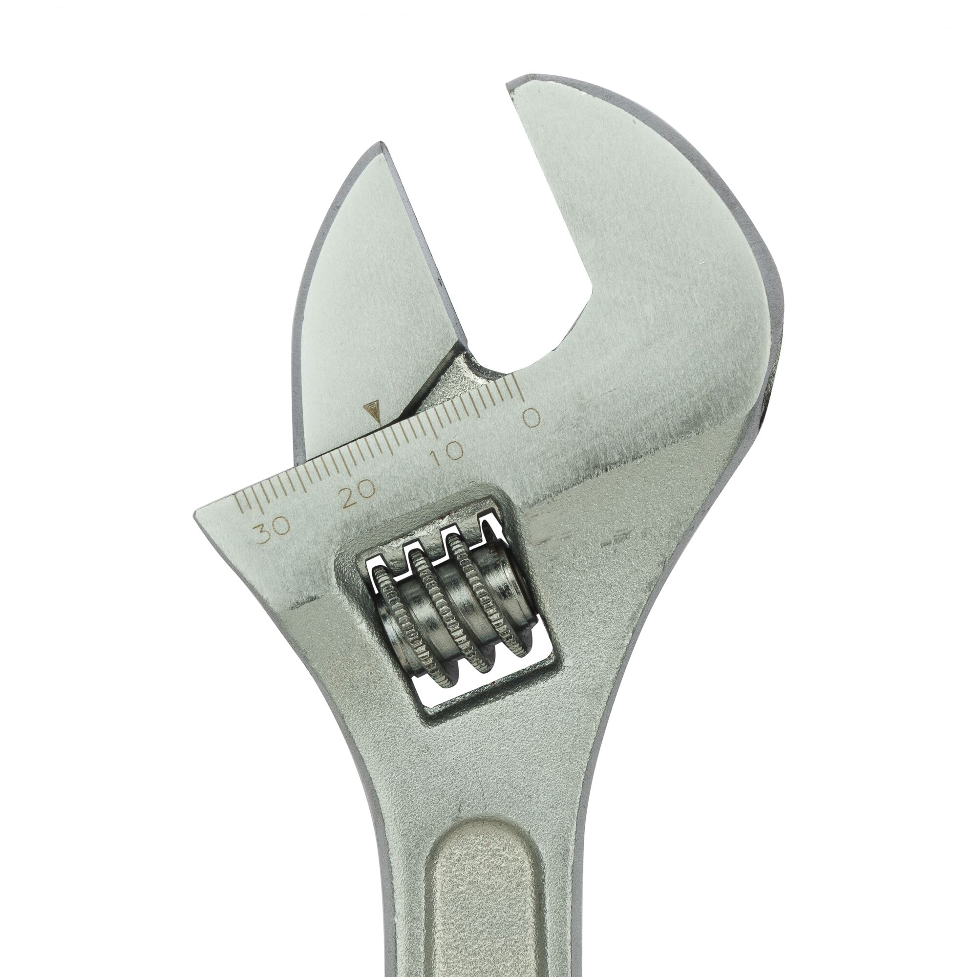 Photo of STANLEY STMT87433-8 adjustable wrench close-up, showing jaws and adjustment wheel, white background.