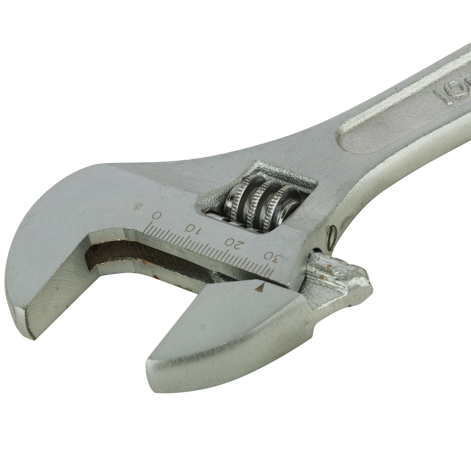 Photo of STANLEY STMT87433-8 adjustable wrench with scale, close-up angle on white background.