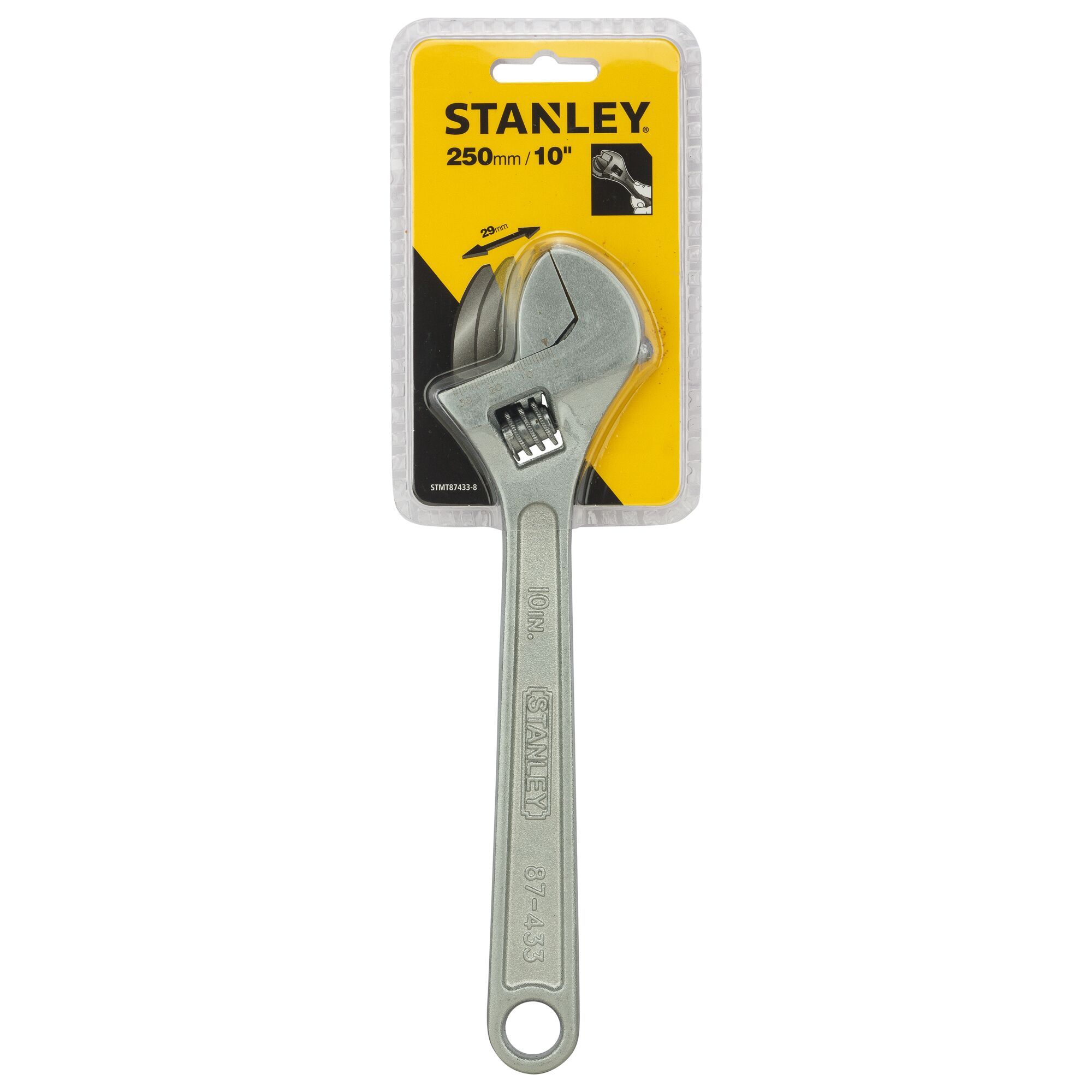STANLEY STMT87433-8 adjustable wrench, 250mm, front angle, silver tool in yellow branded packaging