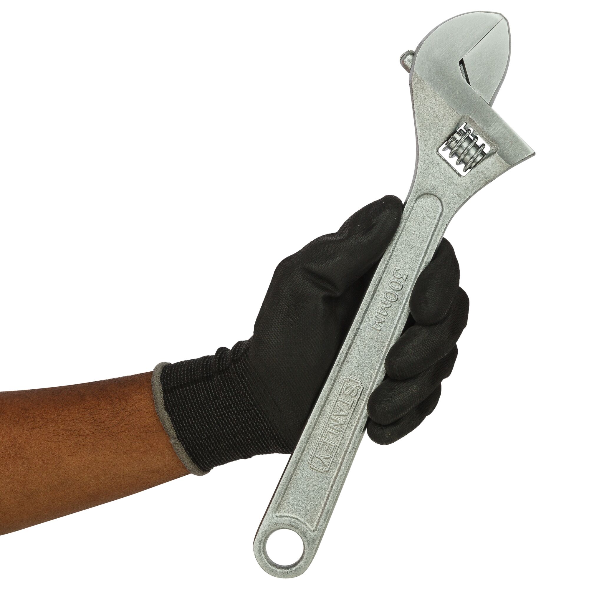 Photo of STANLEY STMT87434-8 adjustable wrench in hand, silver finish, top view.