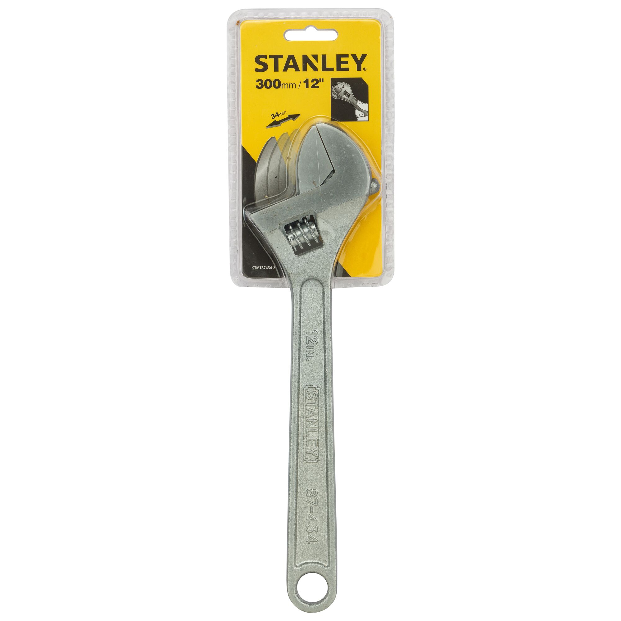 STANLEY STMT87434-8 adjustable wrench, 300mm, silver, tool photographed in retail packaging, front view.