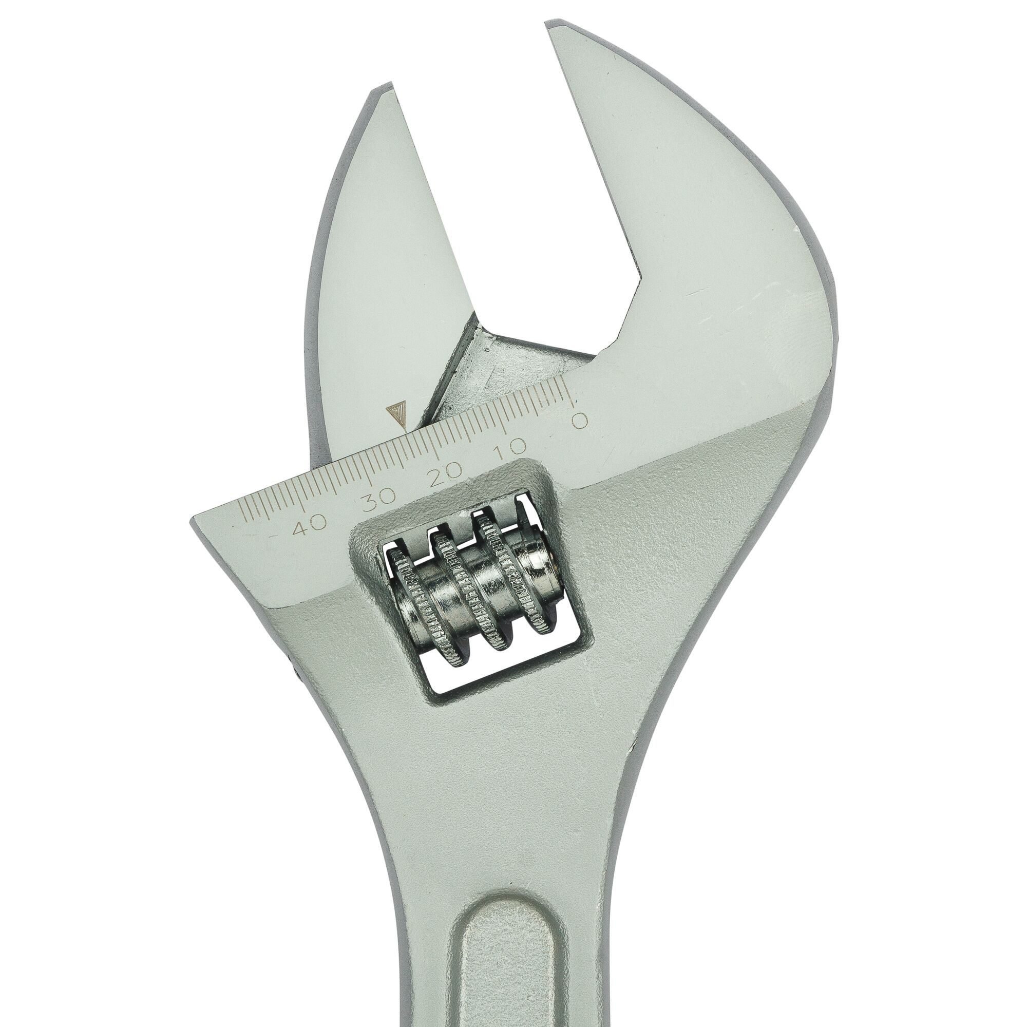 STANLEY STMT87435-8 adjustable wrench, close-up on white background, silver finish, visible measurement scale.