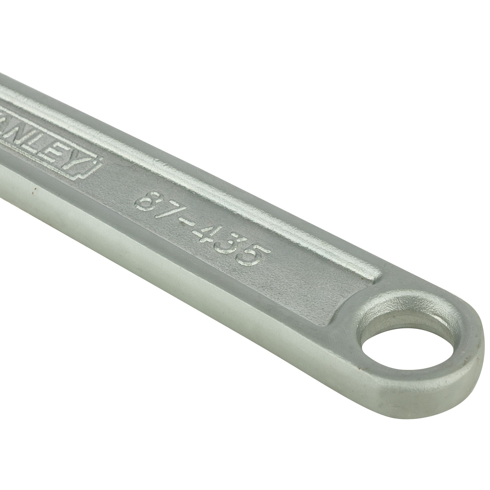 Stanley STMT87435-8 silver wrench handle close-up on white background, photography product.