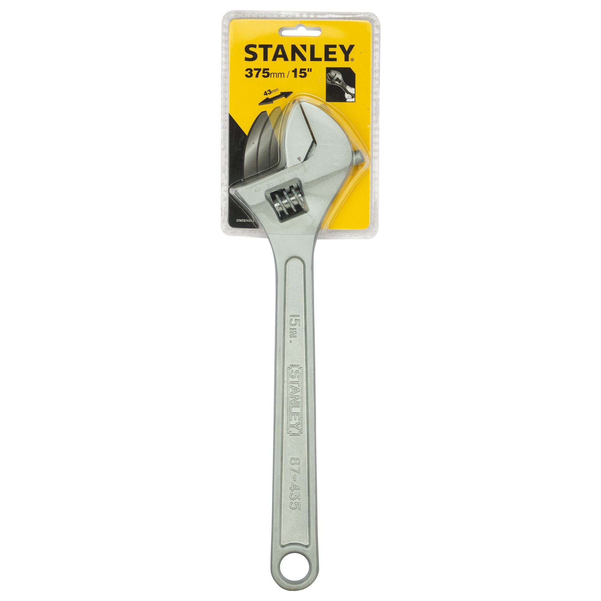Photo of STANLEY STMT87435-8 adjustable wrench, 375mm, silver finish, front view in packaging.