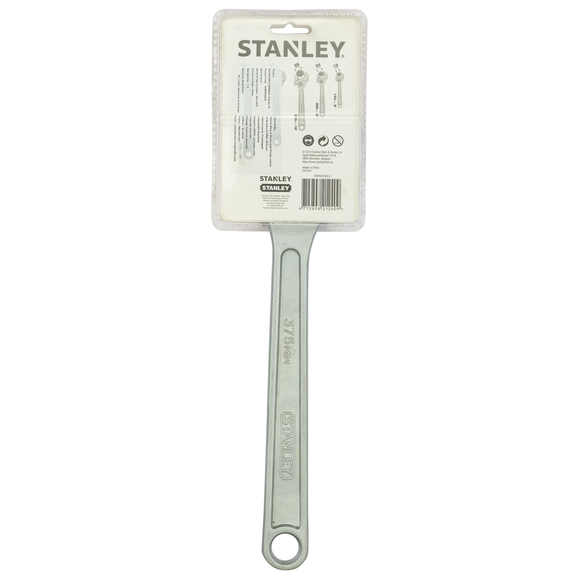 Stanley STMT87435-8 metal spanner, 375 mm, photographed from rear on white background.