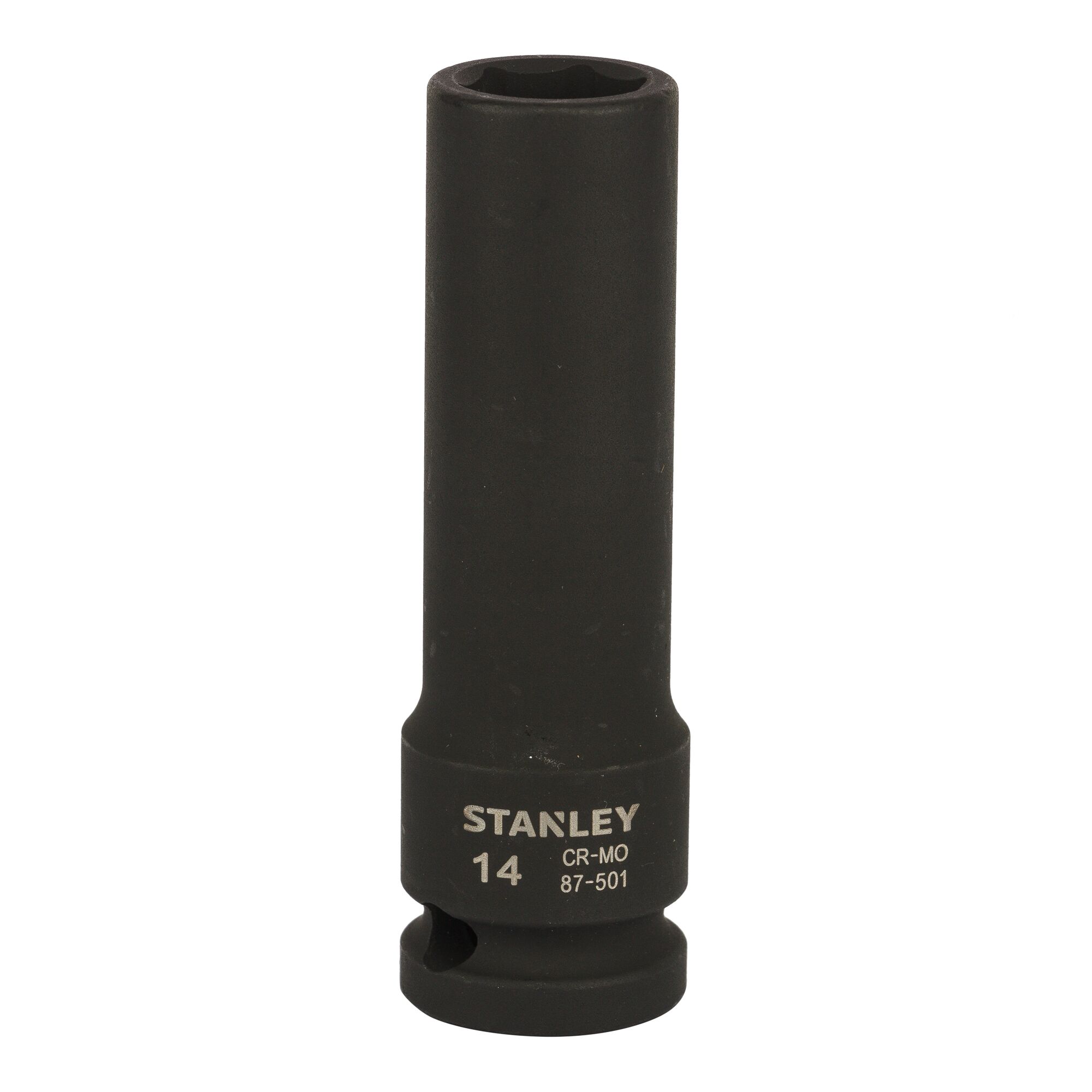 Photo of STANLEY STMT87501-8B black deep socket tool, front angle, tool category.