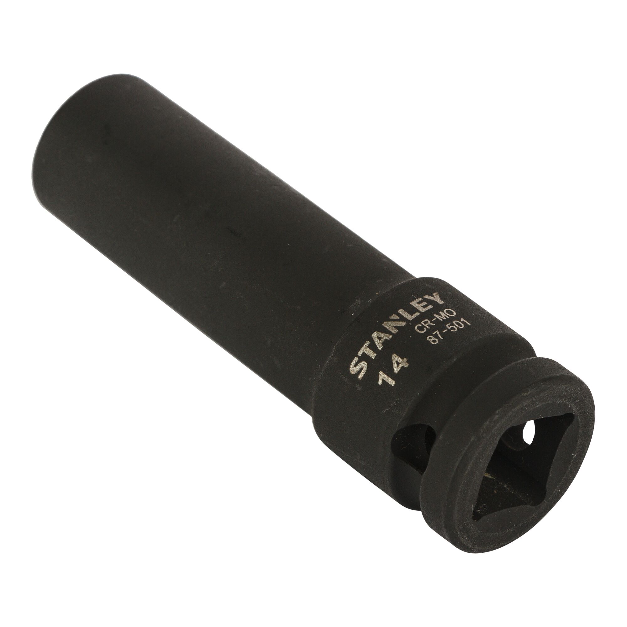 STANLEY STMT87501-8B black deep impact socket, photography of socket angled on white background.