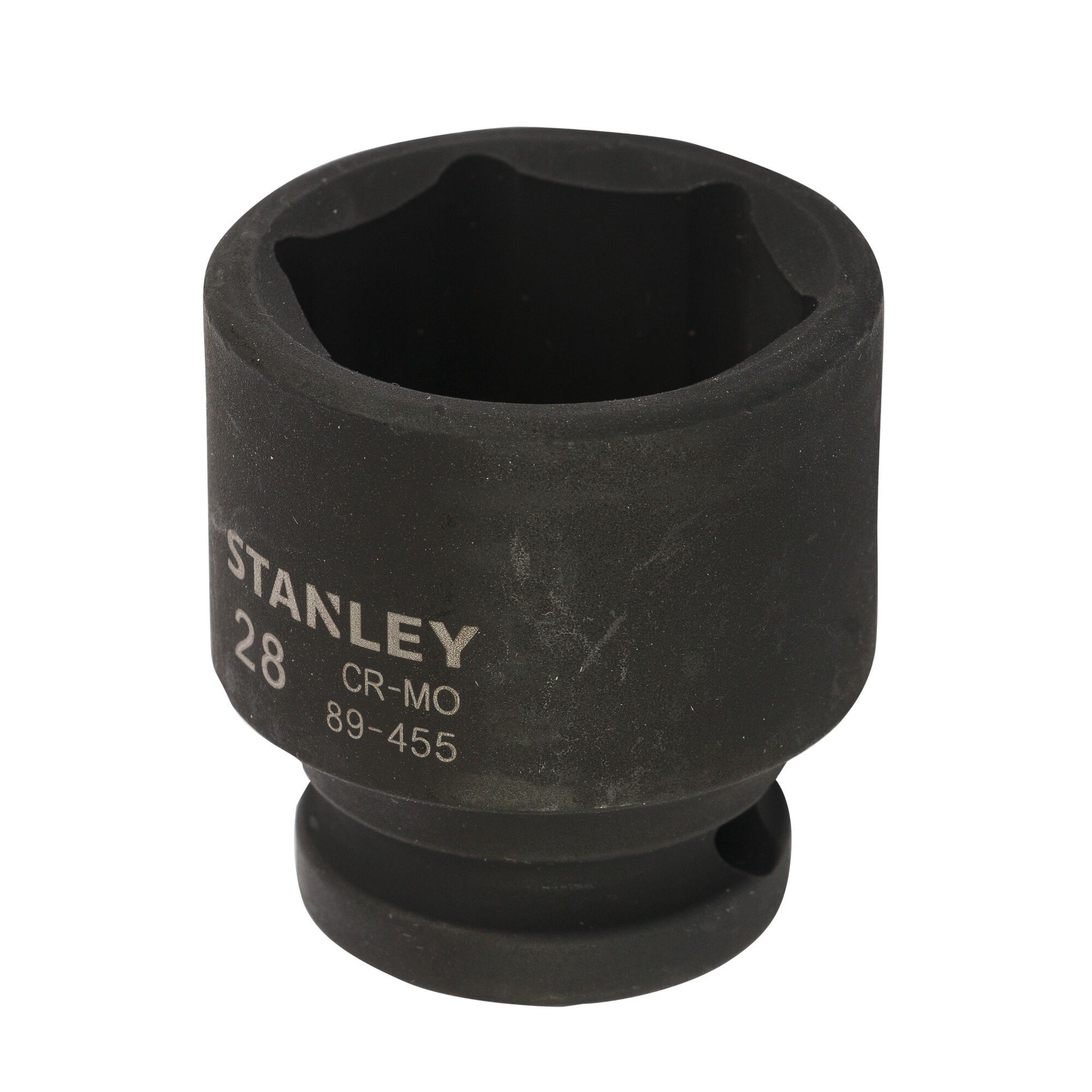 Photo of STANLEY STMT89455-8B black 28mm impact socket, side angle, professional hand tool category