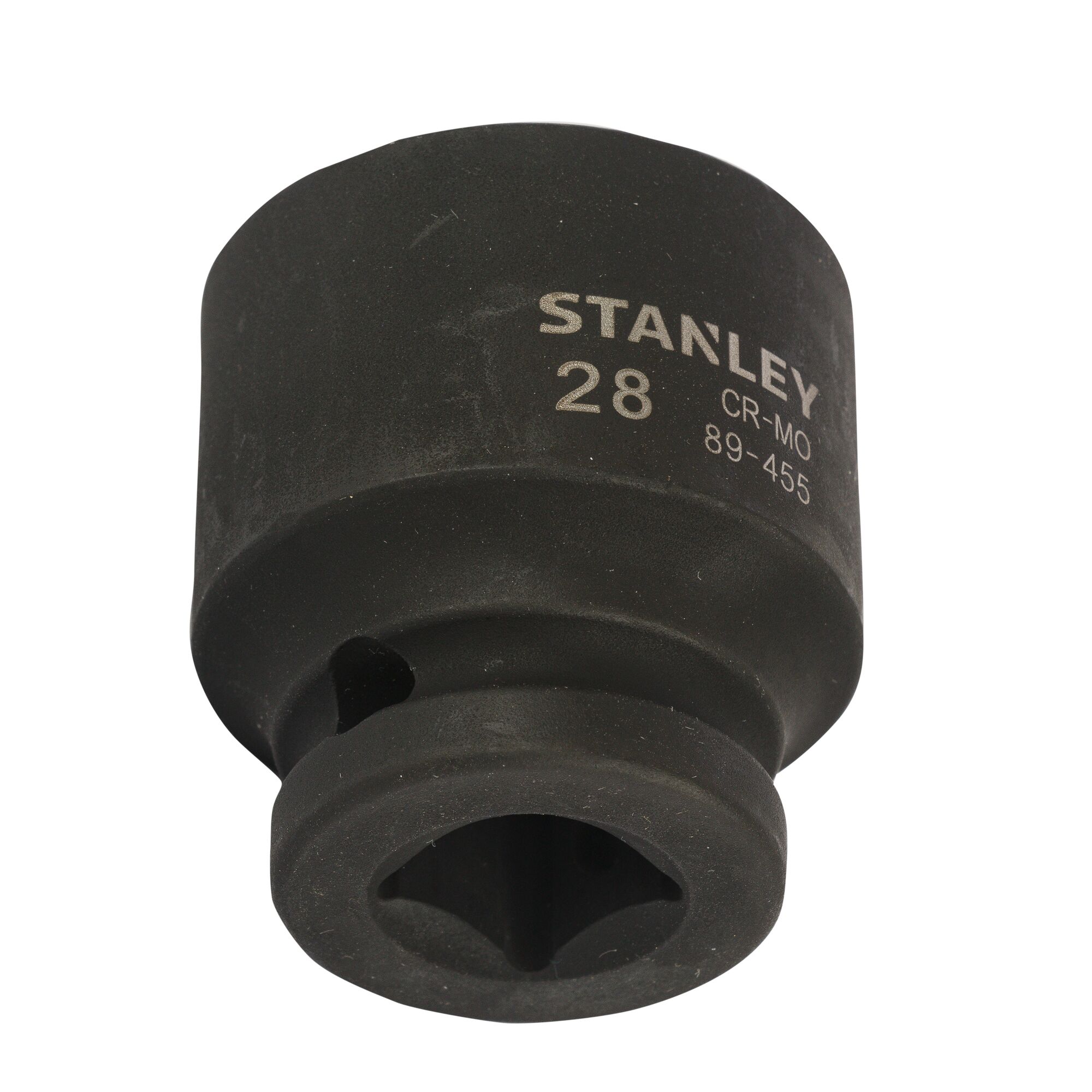 Photo of STANLEY STMT89455-8B black impact socket, front angle, with size marking 28, for heavy-duty use.