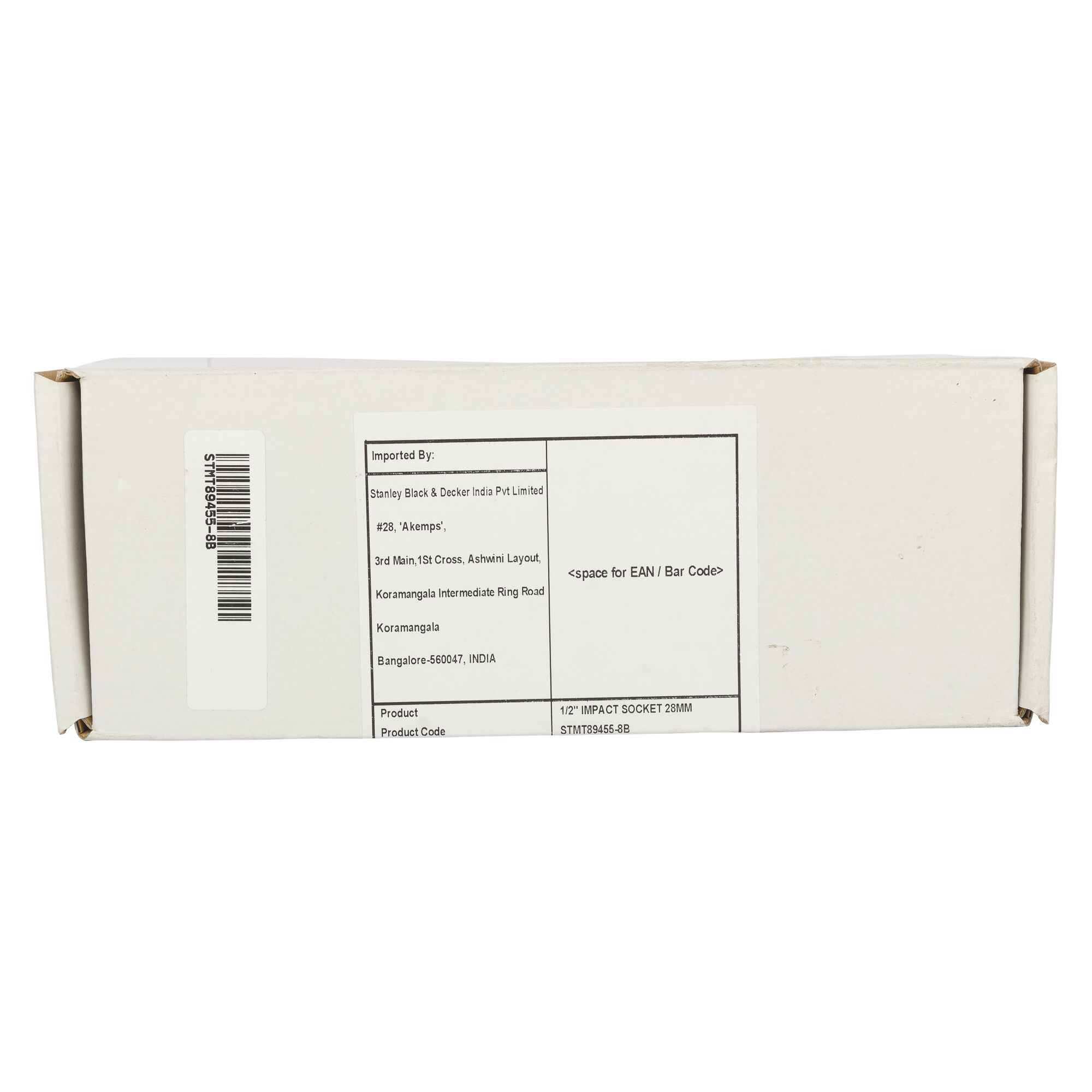 Photo of STANLEY STMT89455-8B white box with barcode, address label, and product code text, front angle.