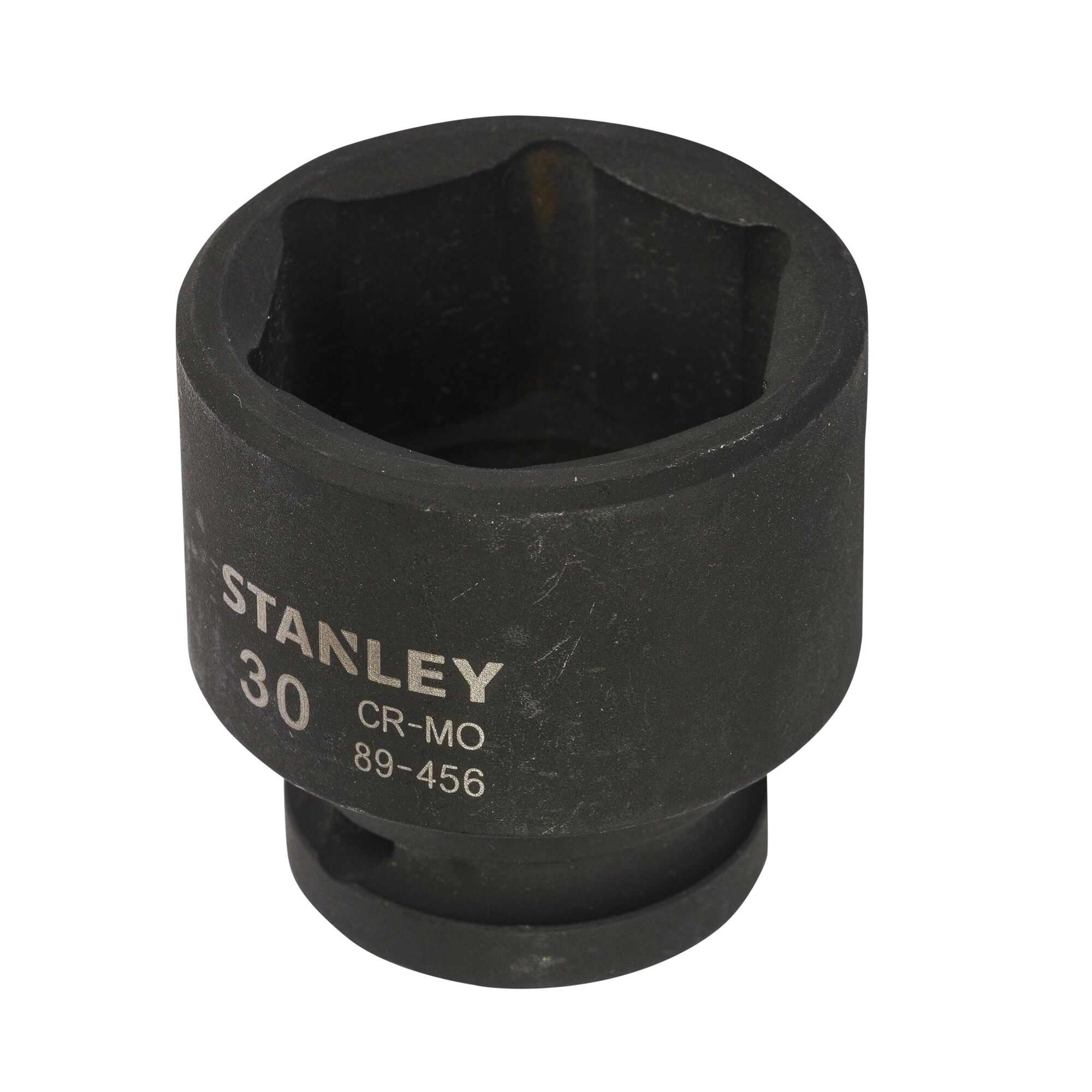 Stanley STMT89456-8B black 30mm impact socket, front angle on white background.