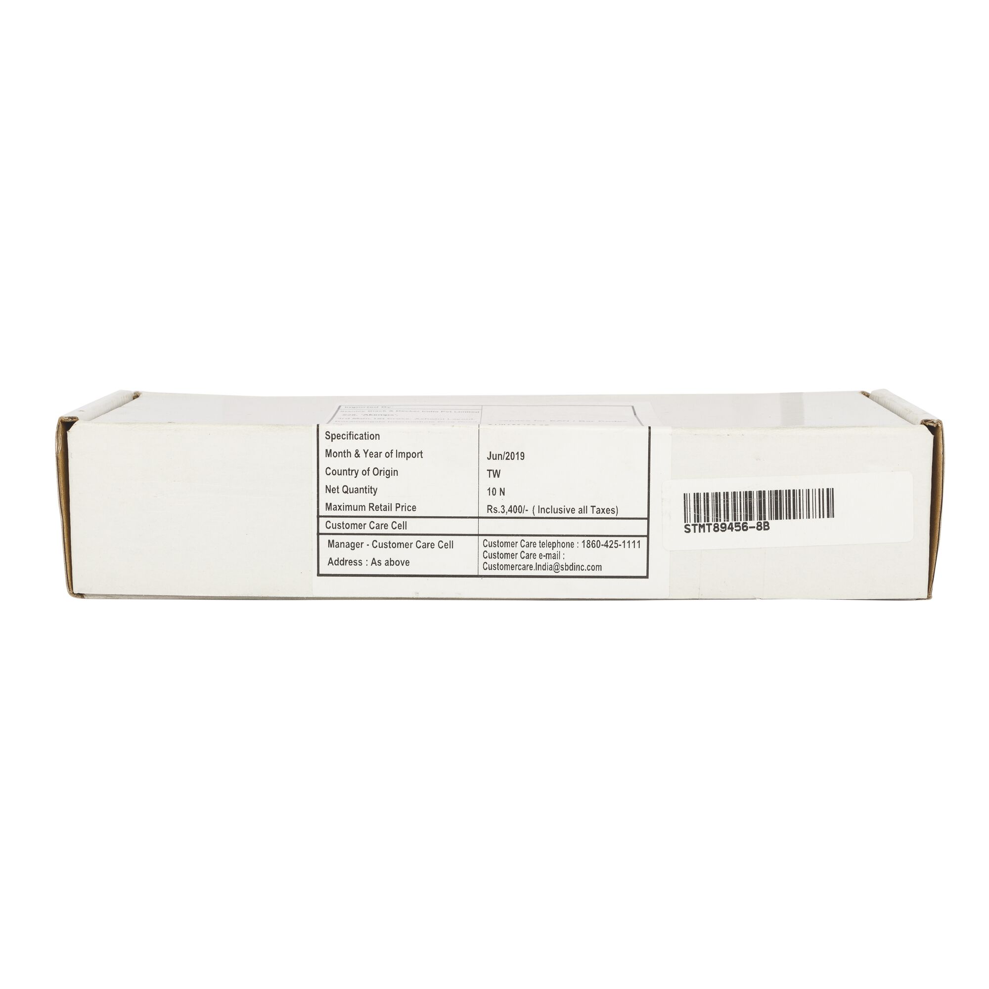STANLEY STMT89456-8B white rectangular box with printed specifications, barcode and SKU, photography, front angle.