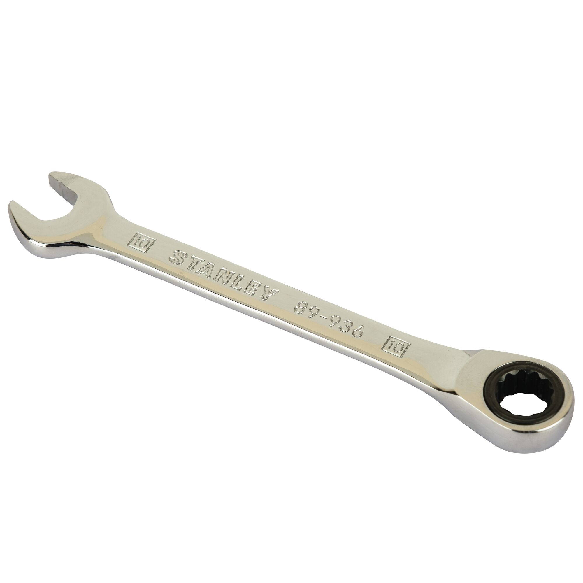 STANLEY STMT89936 chrome ratcheting combination wrench, angled product photo on white background.