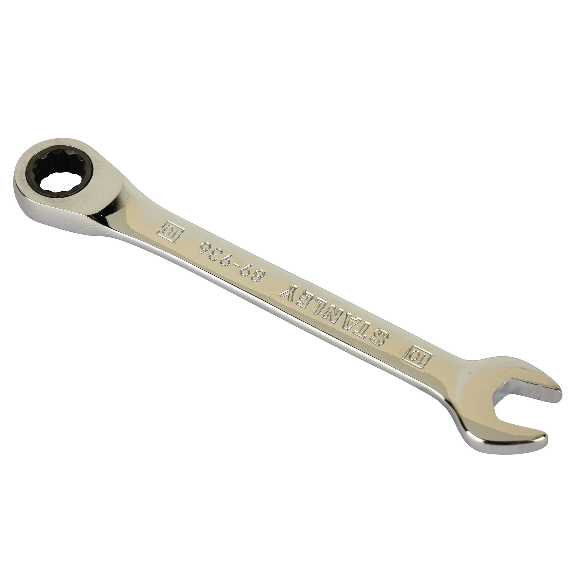 STANLEY STMT89936 ratcheting combination wrench, chrome finish, product photo on white background.