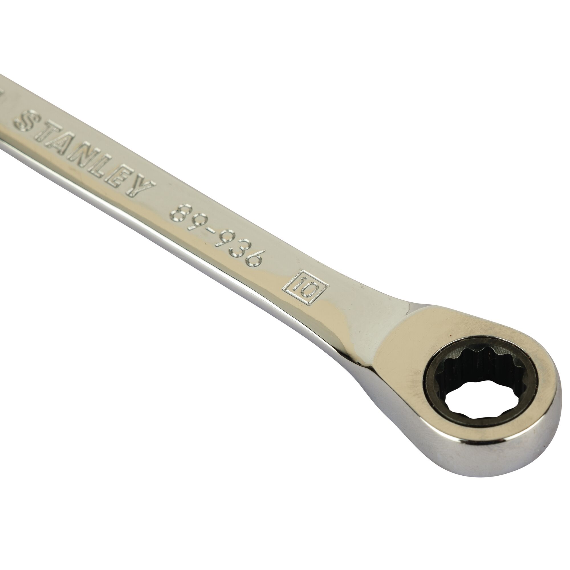 STANLEY STMT89936 ratcheting box end wrench, silver finish, close-up angle on white background.
