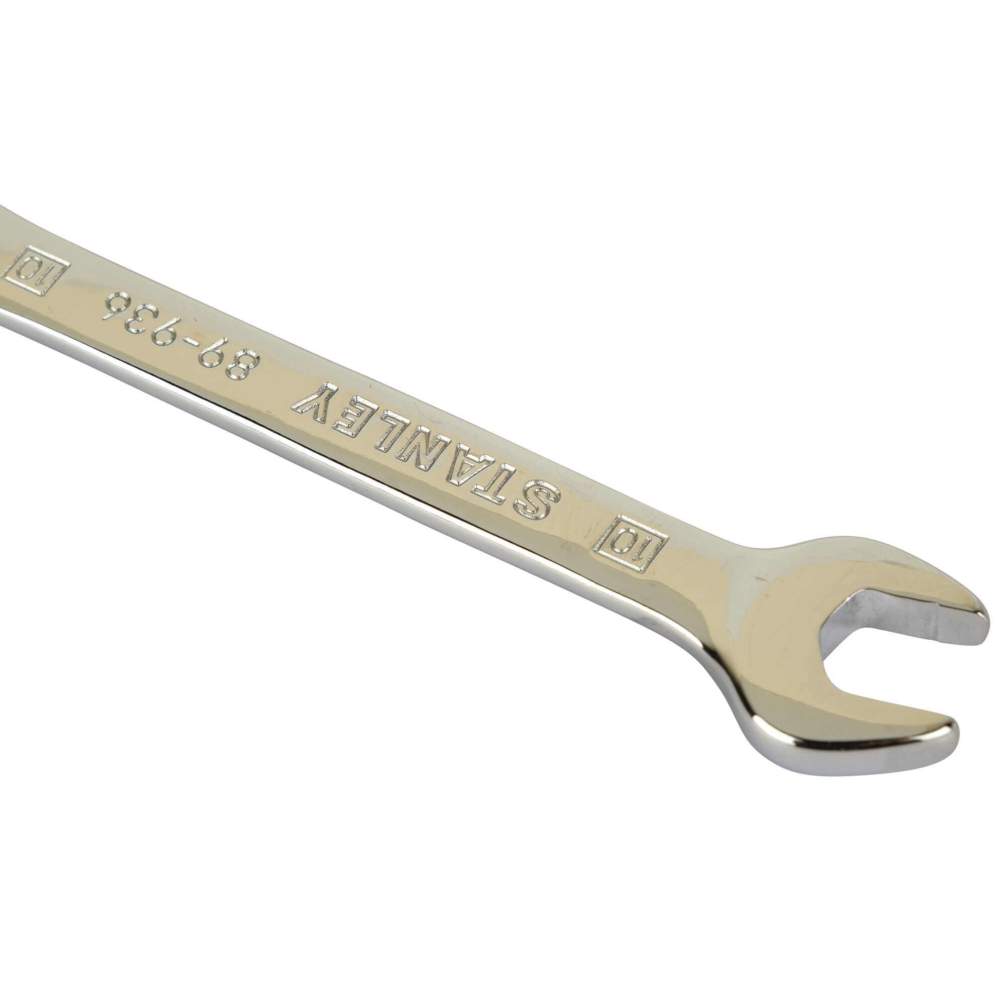 STANLEY STMT89936 open-end wrench, shiny metal, side angle on white background.