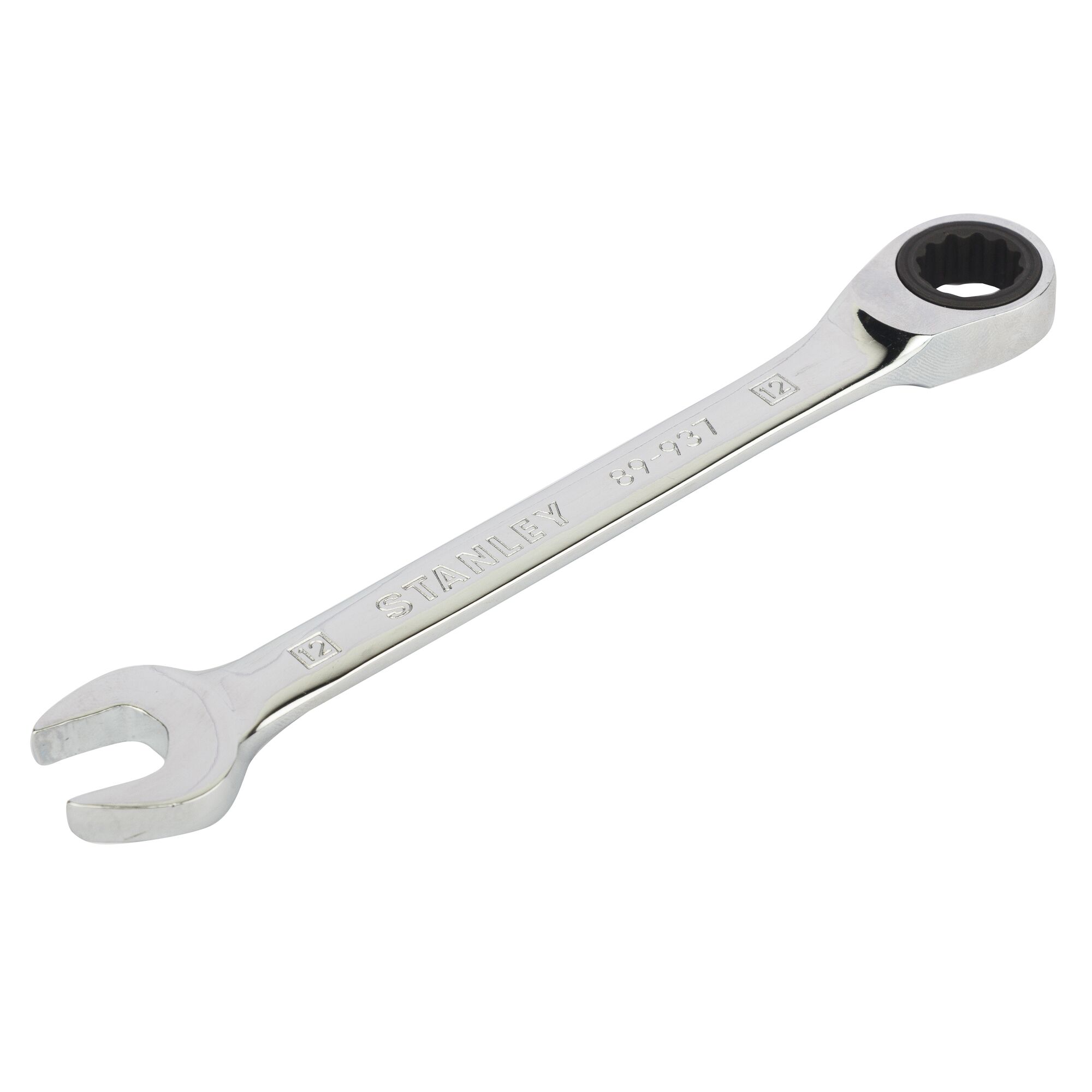 Stanley STMT89937-8B-12 combination ratcheting wrench, silver, top angle, tool photography