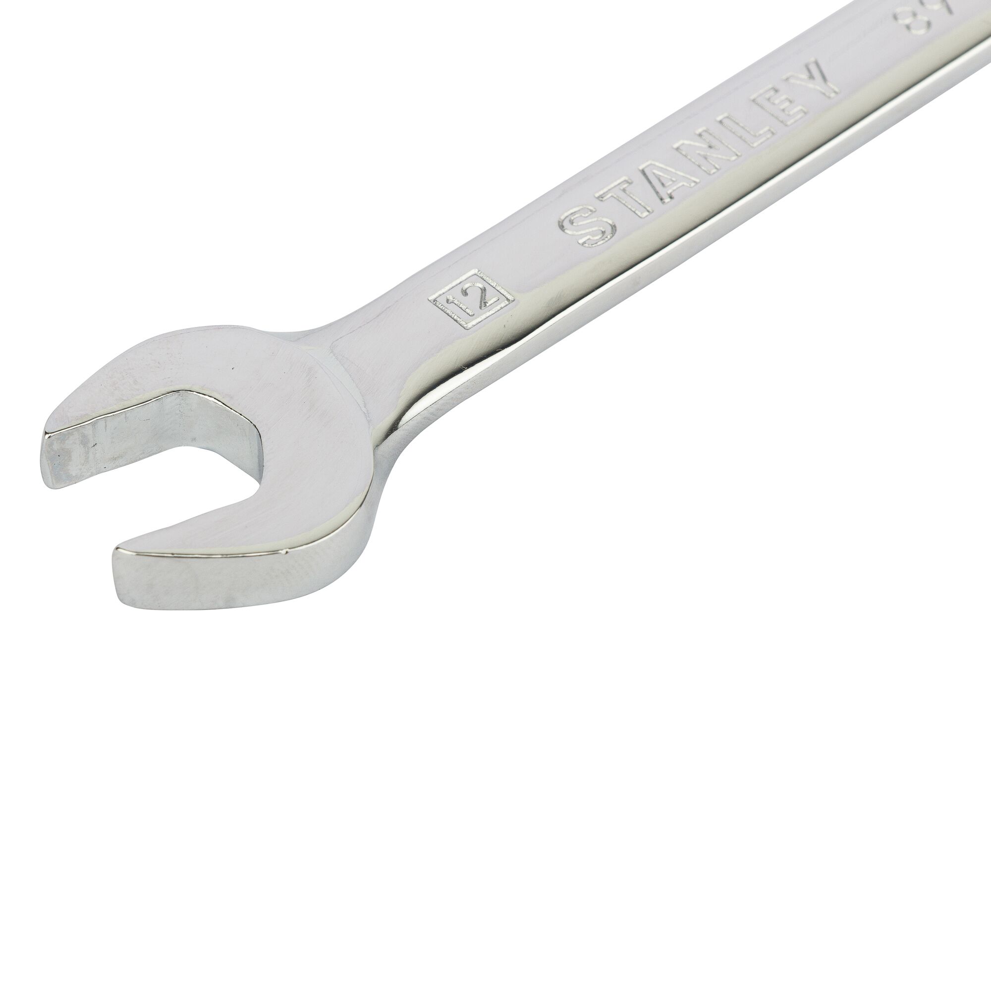 Stanley STMT89937-8B-12 chrome open-end wrench side view, silver finish, engraved branding.