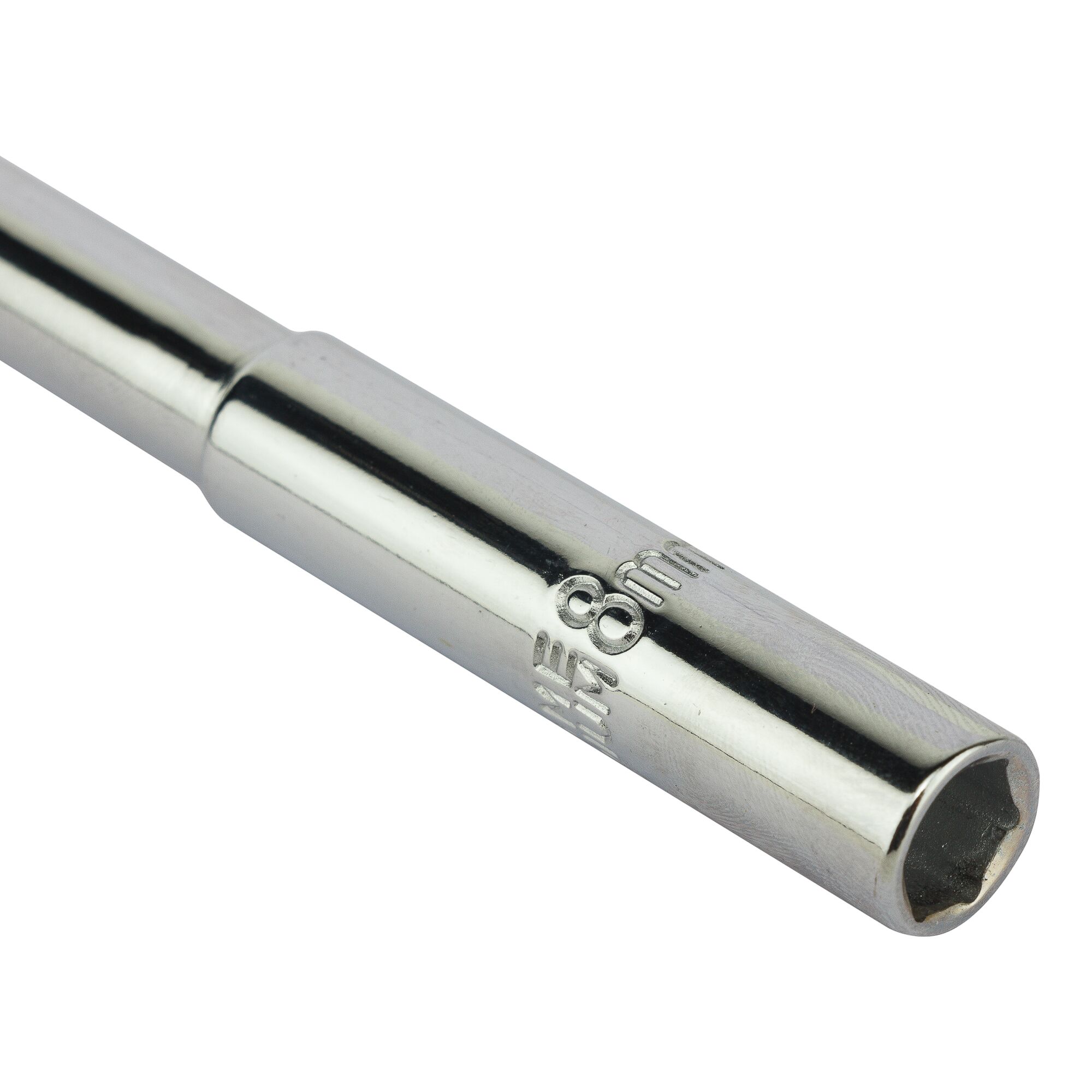 STANLEY STMT93302-8 chrome 8mm nut driver, close-up angle on white background.