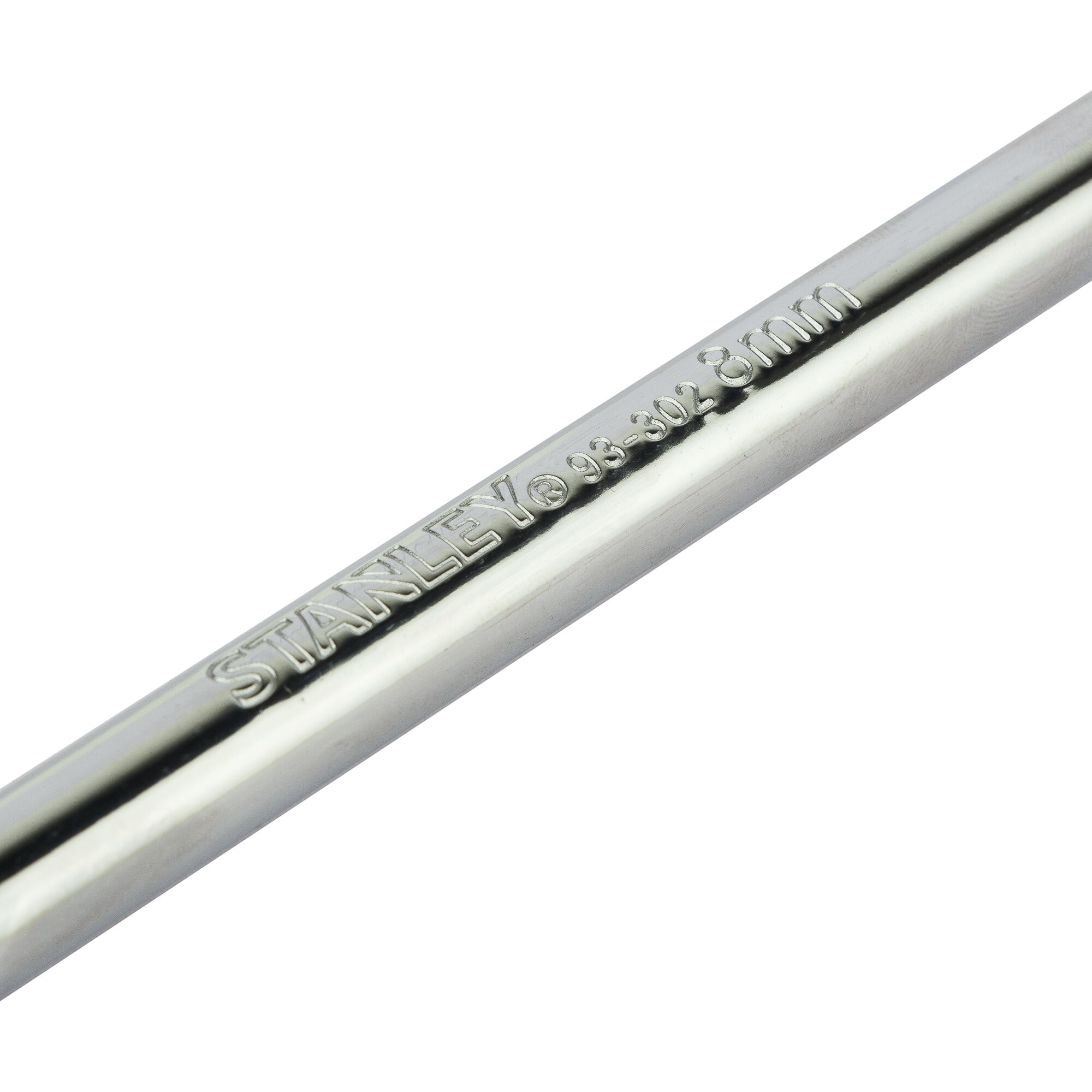 STANLEY STMT93302-8 chrome wrench shaft close-up, engraved branding and 8mm size on white background.