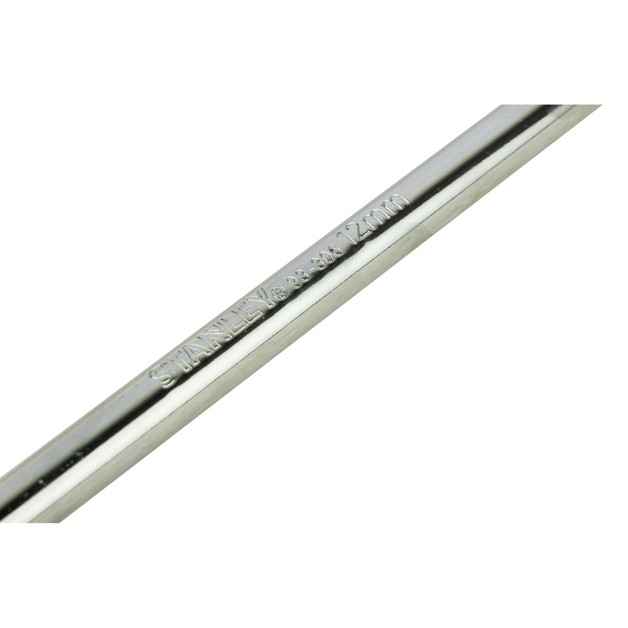 Stanley STMT93306-8 chrome wrench shaft close-up, embossed branding and 12mm size, photo on white background.