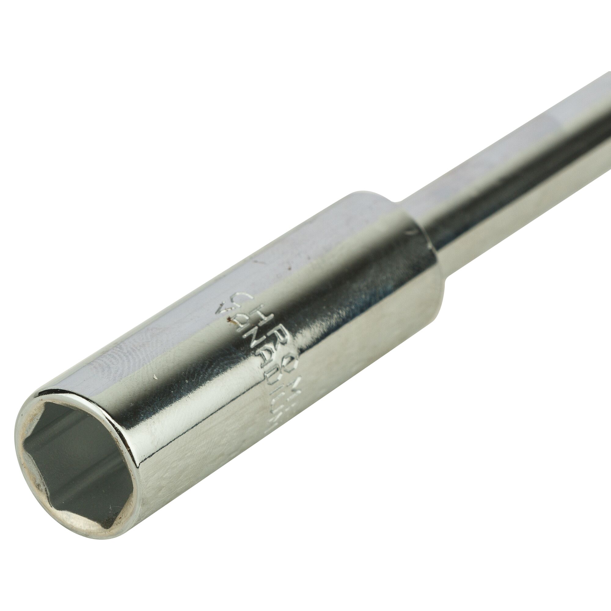 STANLEY STMT93306-8 chrome hex socket tool, close-up angle on white background.