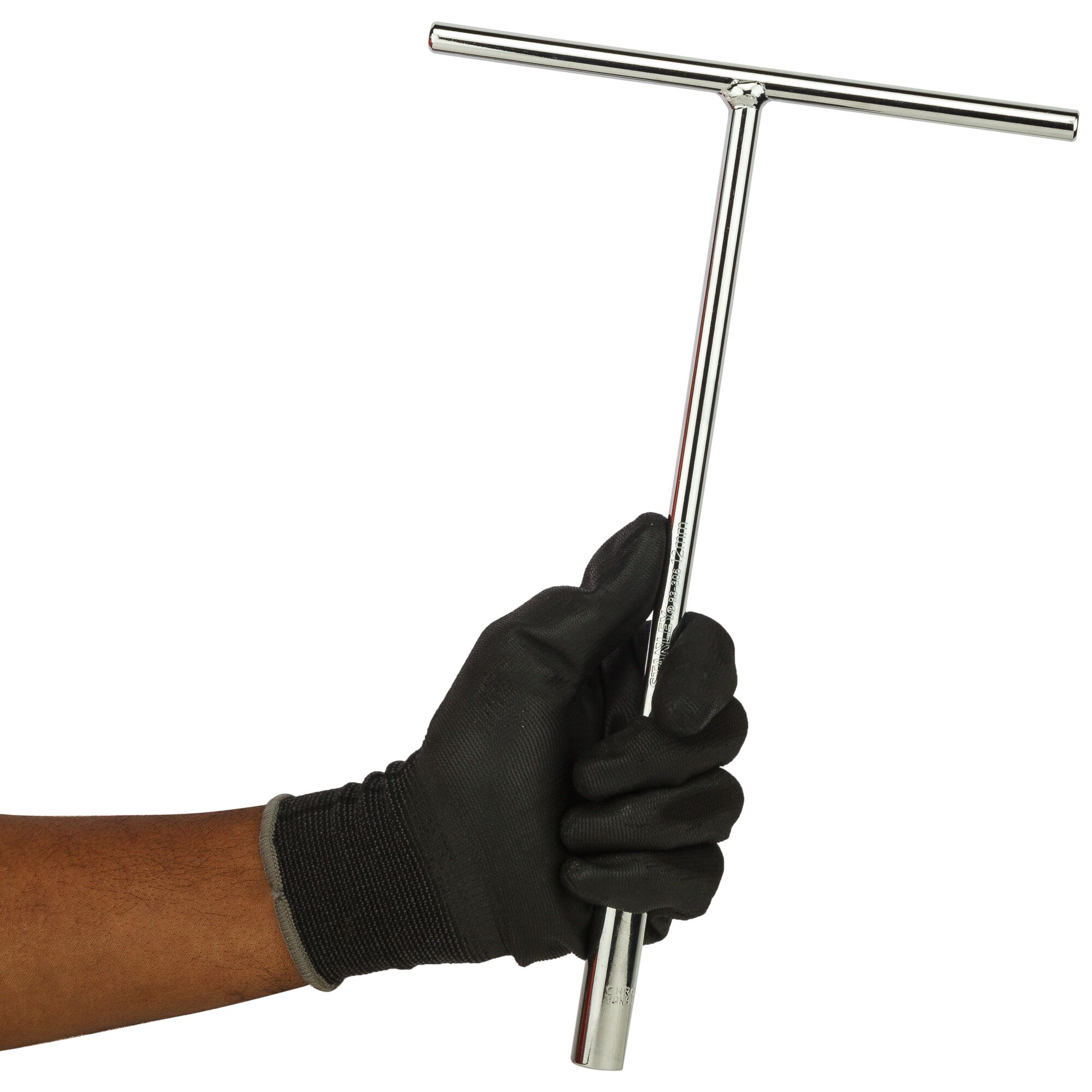 Stanley STMT93306-8 T-handle socket wrench held in a gloved hand, side angle, chrome finish.
