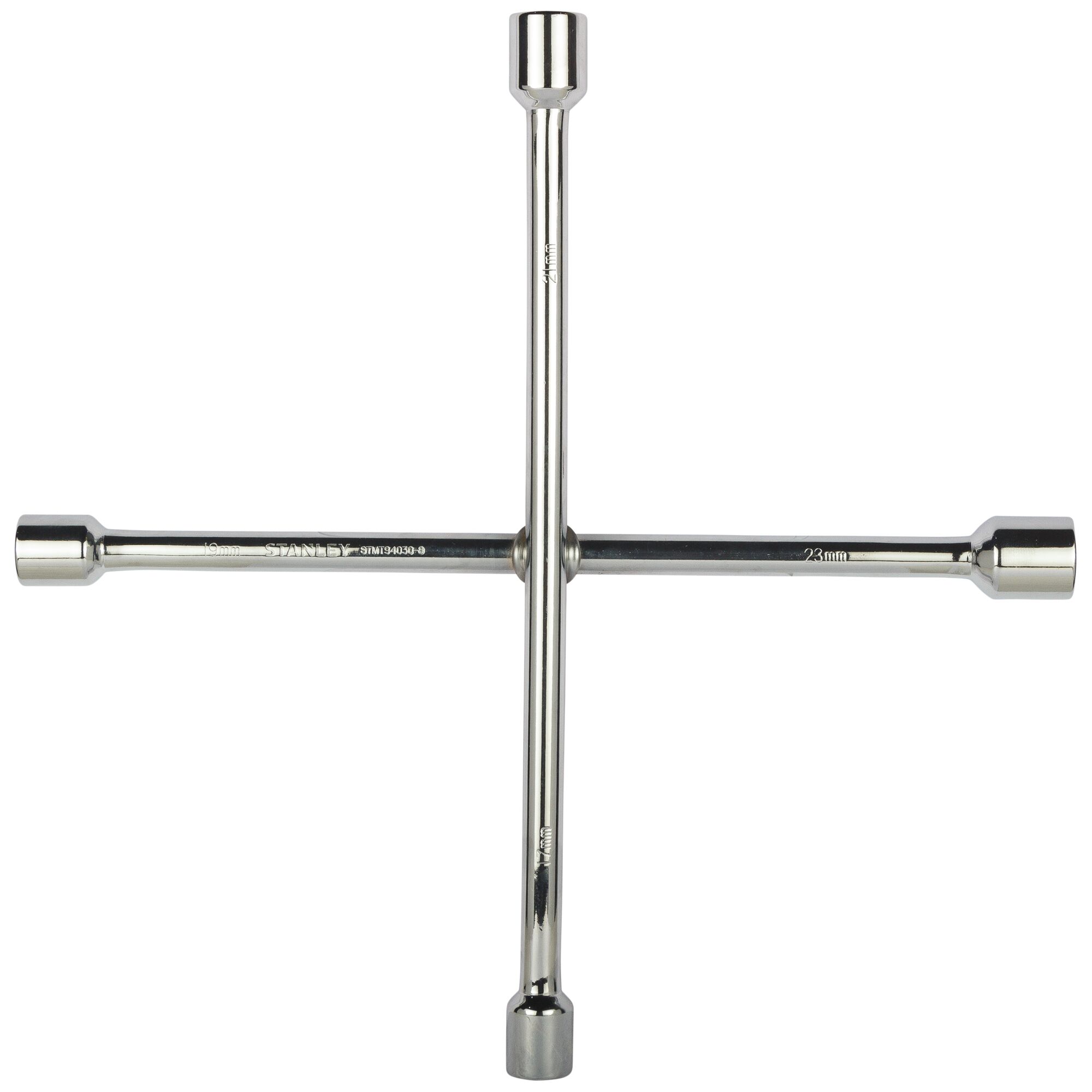 STANLEY STMT94030-8 chrome cross wrench, photography of front angle, four socket heads, silver finish.