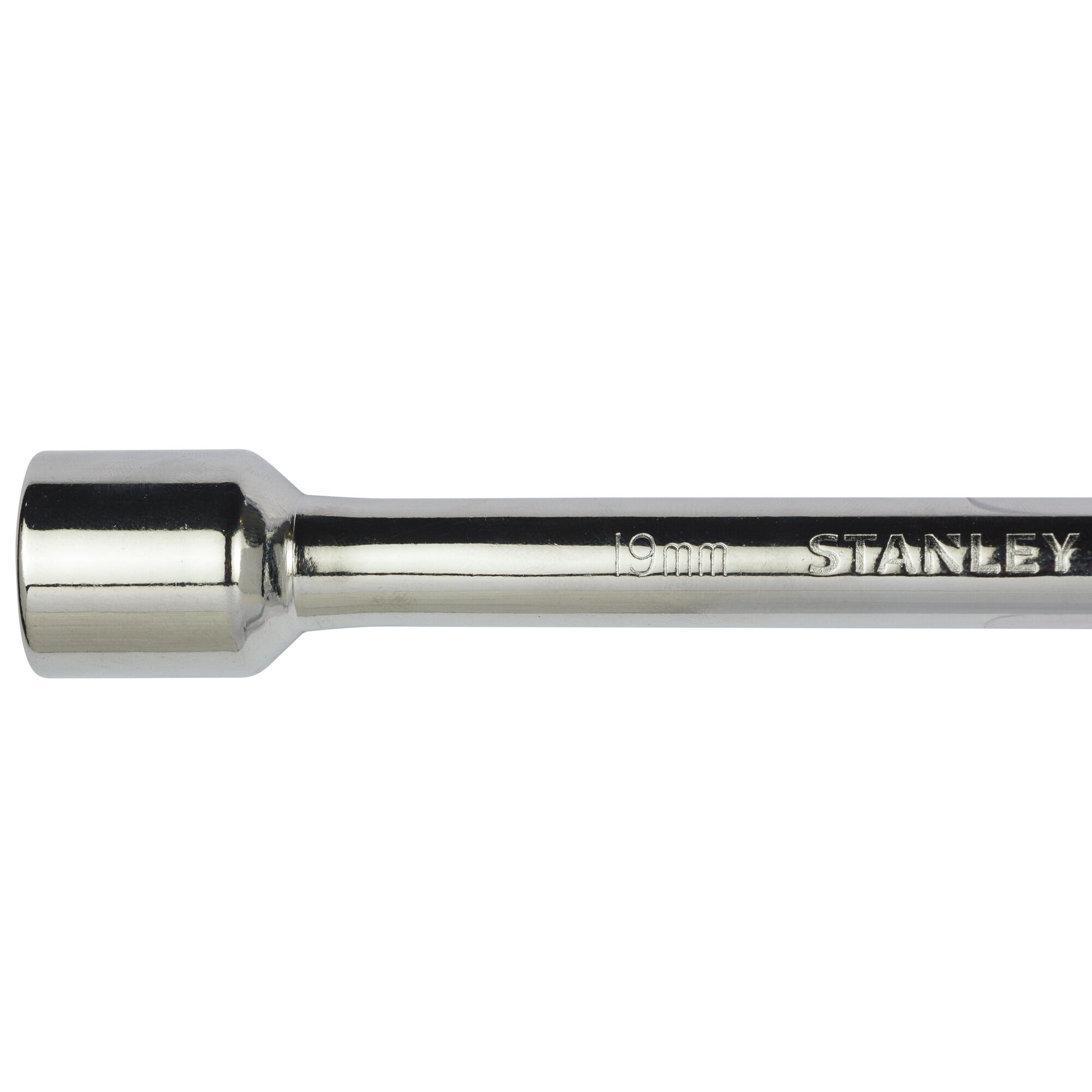STANLEY STMT94030-8 chrome socket wrench side view, 19mm socket, photography with white background.