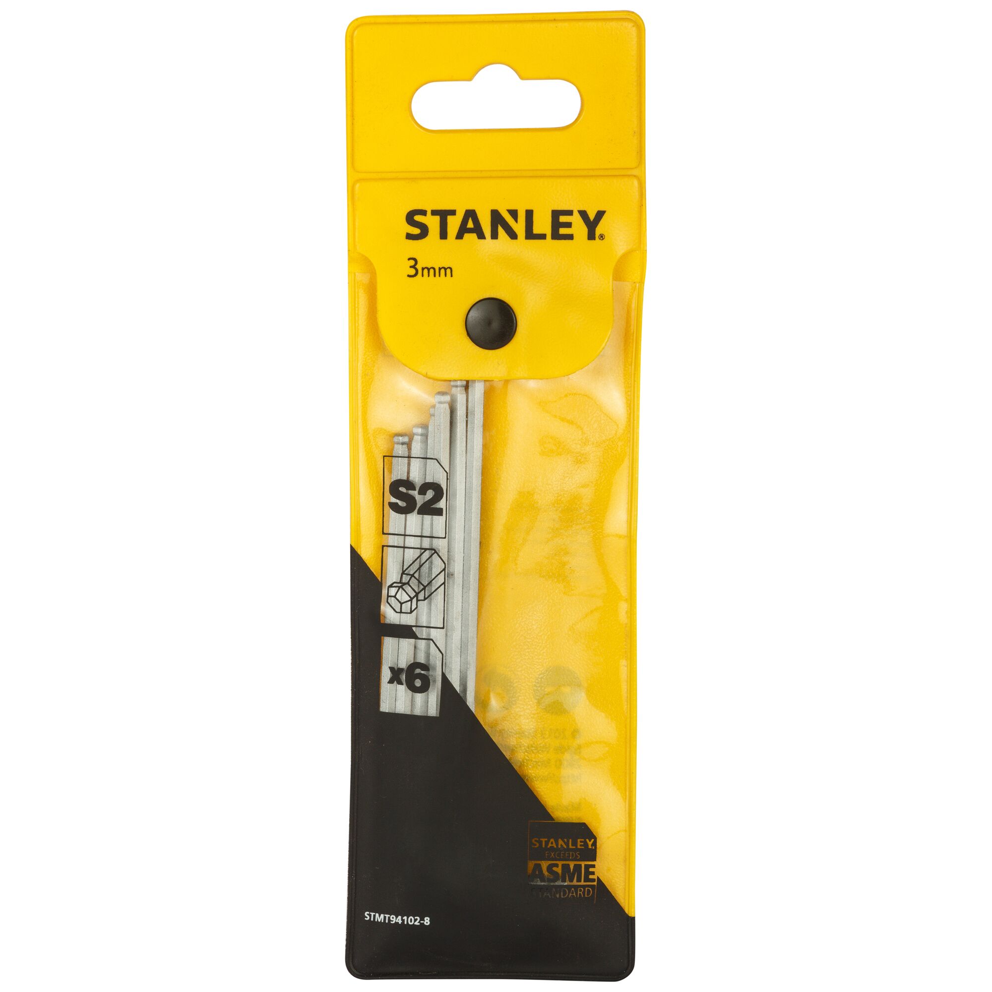 STANLEY STMT94102-8 set of six 3mm hex keys in yellow and black packaging, front view.
