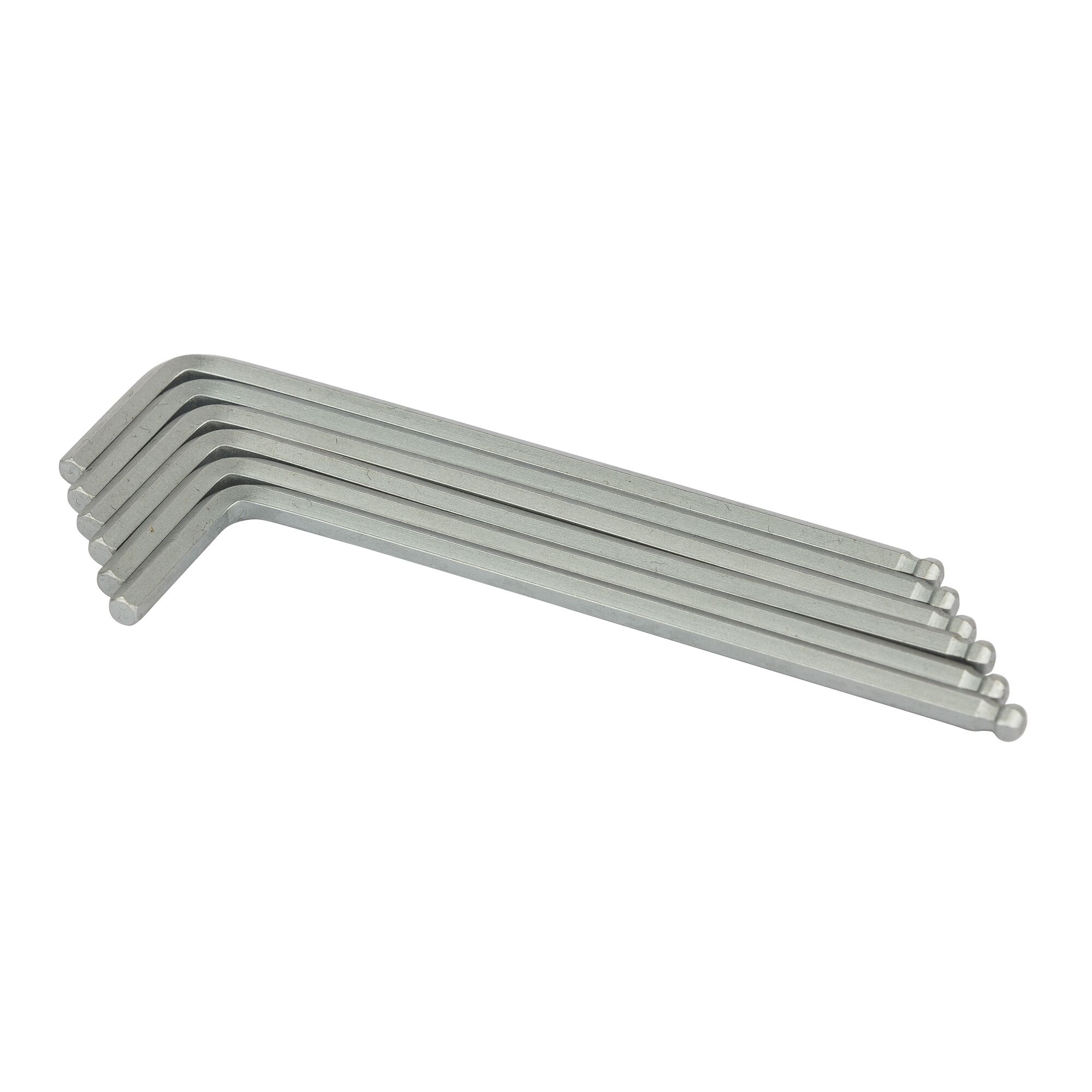 STANLEY STMT94103-8 hex key set, six silver L-shaped wrenches, angled view on white background.