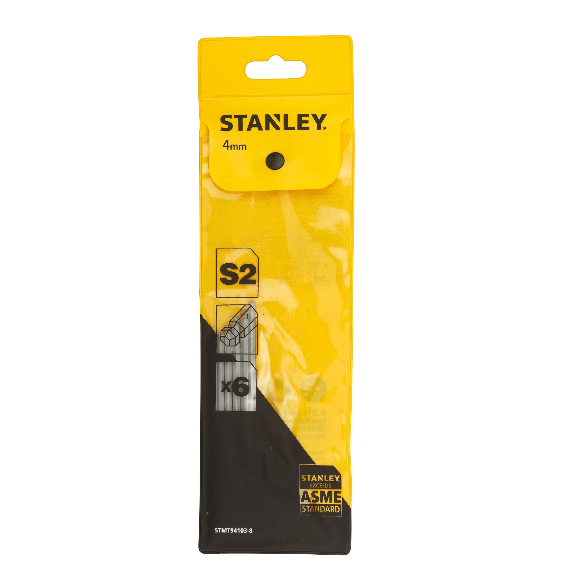 Stanley STMT94103-8 S2 4mm hex bits pack of 6, front angle on white background.