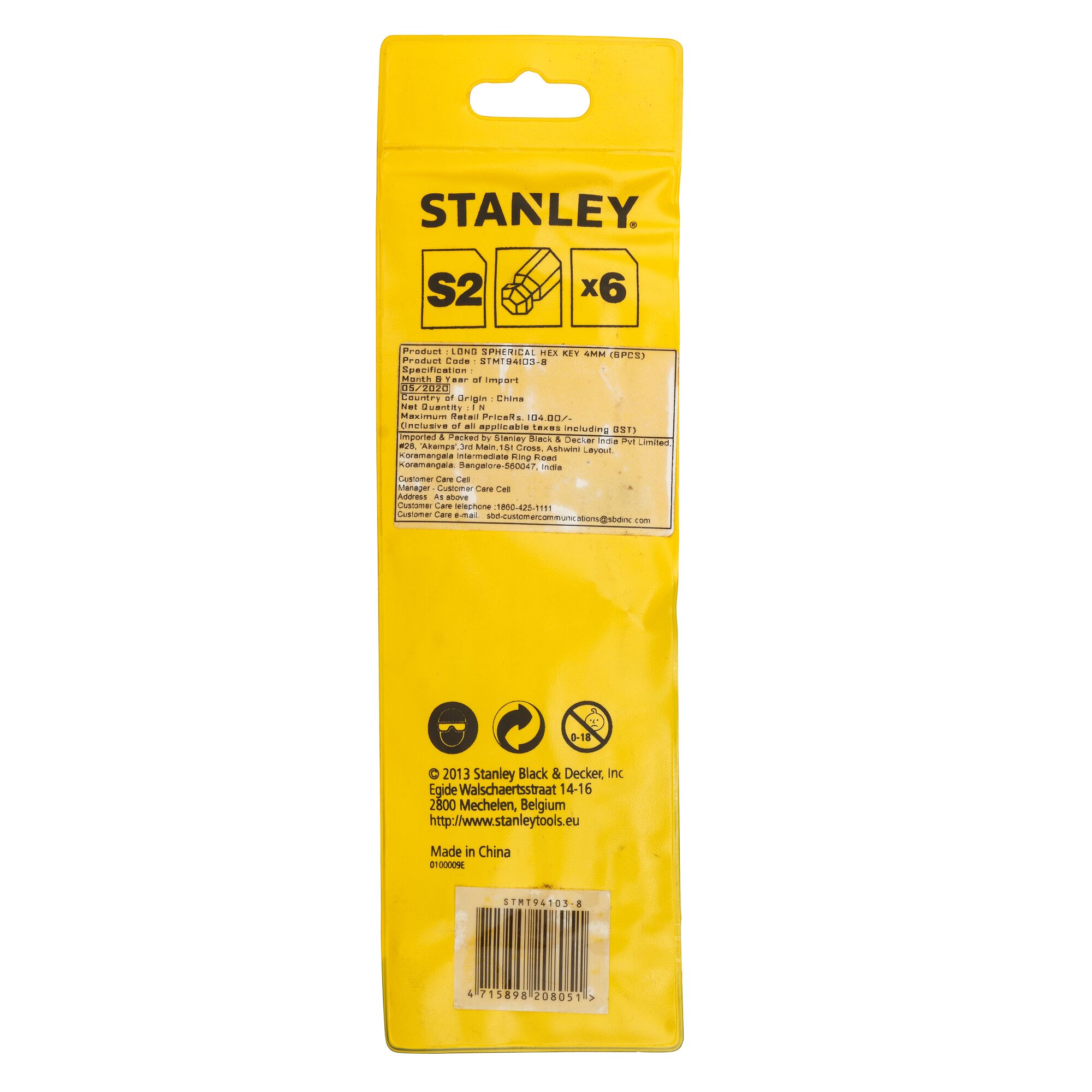 Photo of STANLEY STMT94103-8 hex key set packaging, yellow with product info, rear view.