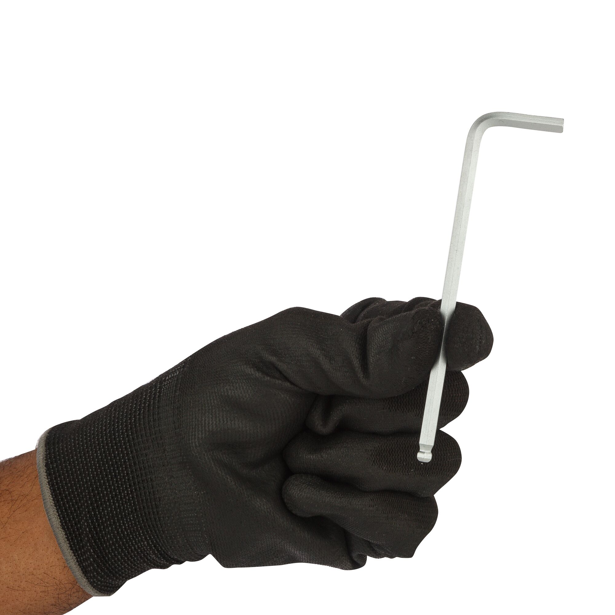 STANLEY STMT94104-8 hex key held in a gloved hand, side angle, silver color, tool category